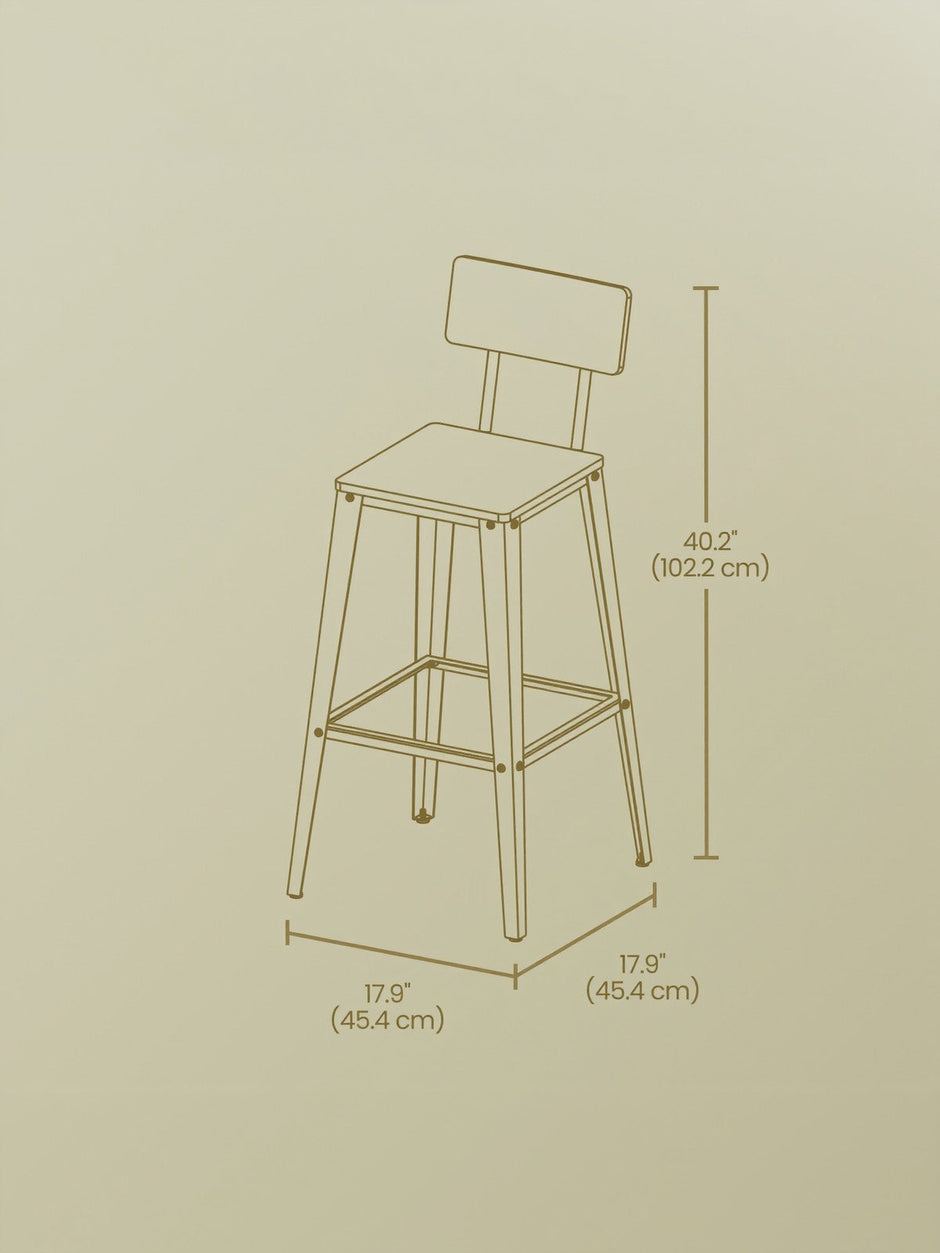 Set of 2 Bar Height Stools – Steel – Rustic Brown and Black – Backrest, Easy Assembly
