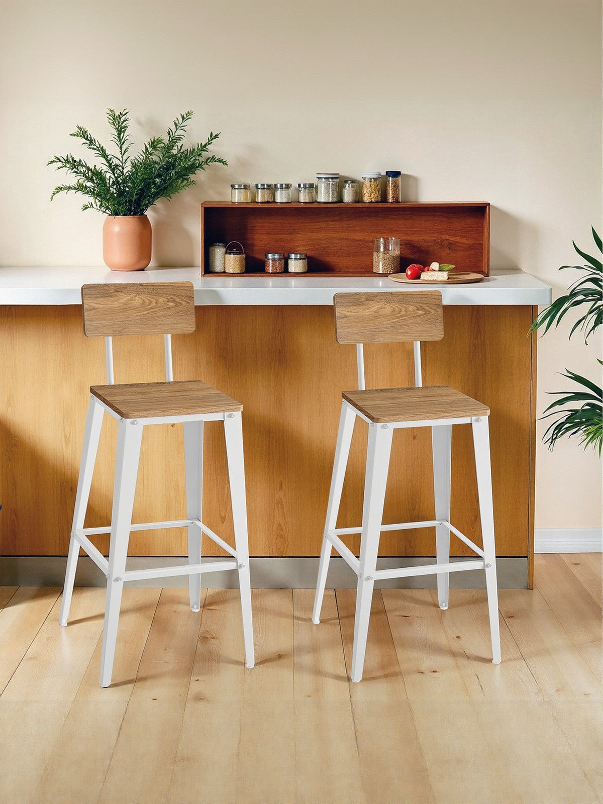 Set of 2 Bar Height Stools – Steel – Rustic Brown and Black – Backrest, Easy Assembly
