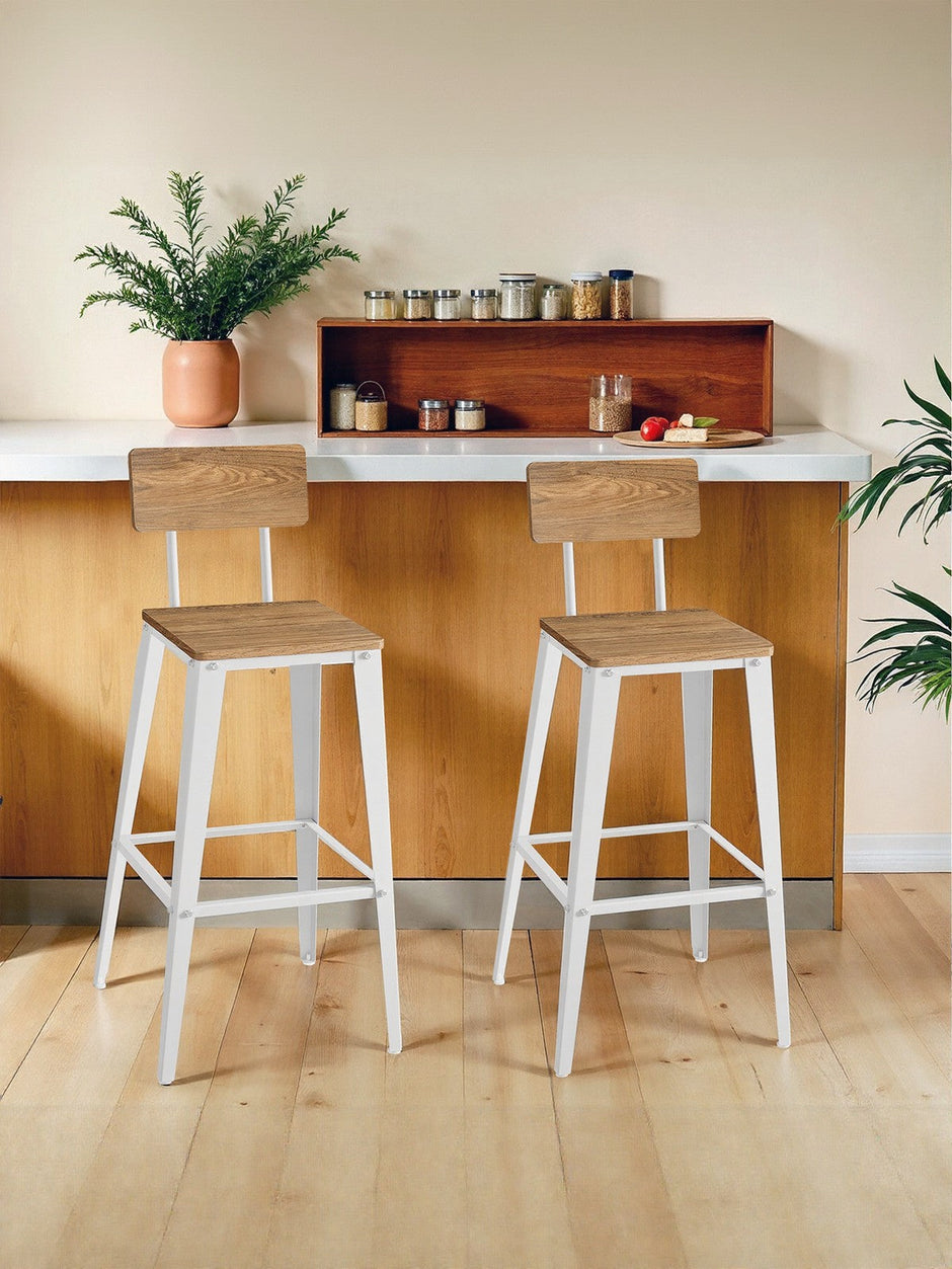 Set of 2 Bar Height Stools – Steel – Rustic Brown and Black – Backrest, Easy Assembly