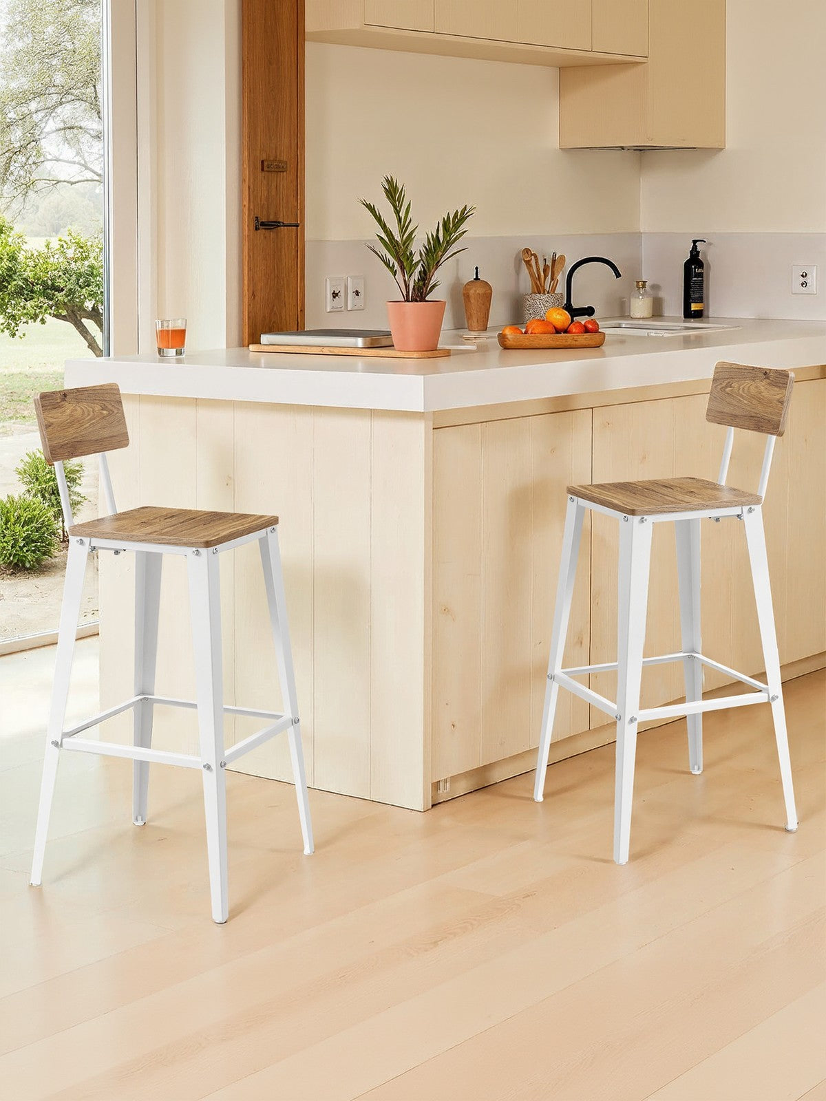 Set of 2 Bar Height Stools – Steel – Rustic Brown and Black – Backrest, Easy Assembly