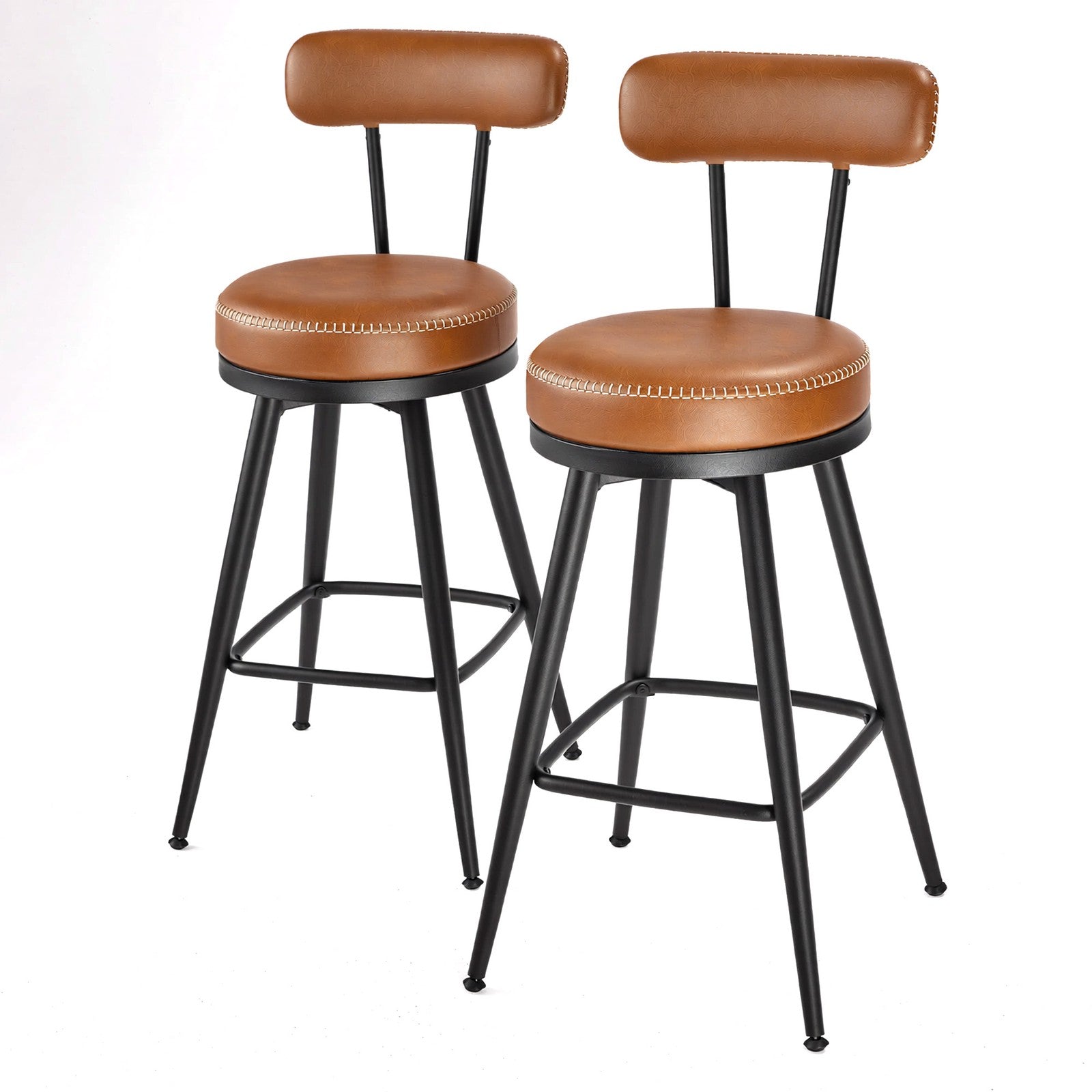 Set of 2 Counter Height Swivel Barstools – Synthetic Leather – Caramel Brown – Mid-Century Modern Design