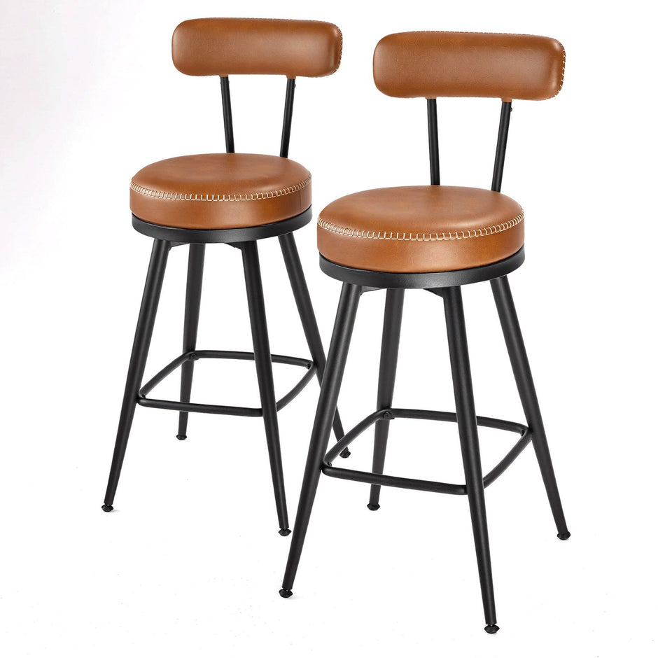 Set of 2 Counter Height Swivel Barstools – Synthetic Leather – Caramel Brown – Mid-Century Modern Design