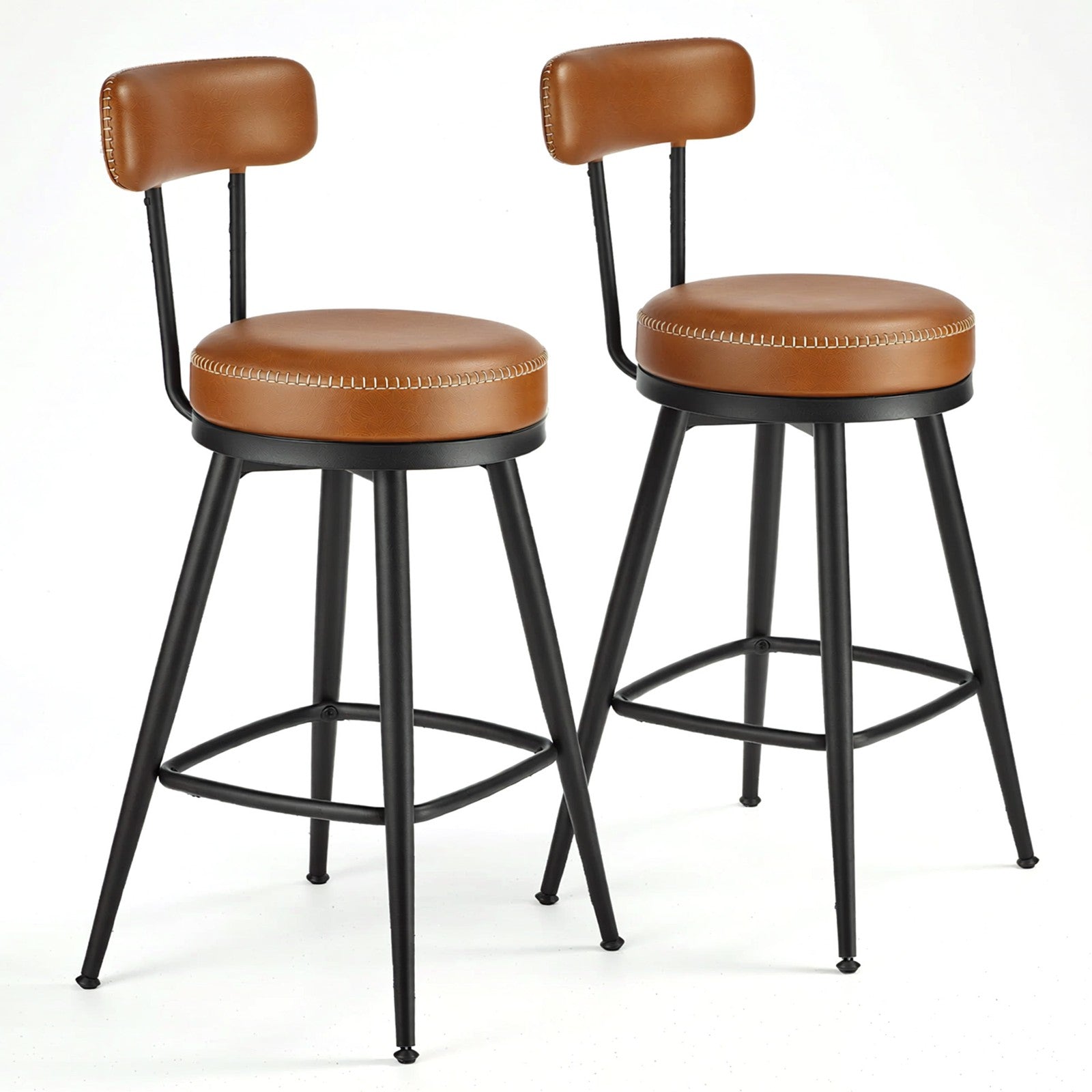 Set of 2 Counter Height Swivel Barstools – Synthetic Leather – Caramel Brown – Mid-Century Modern Design