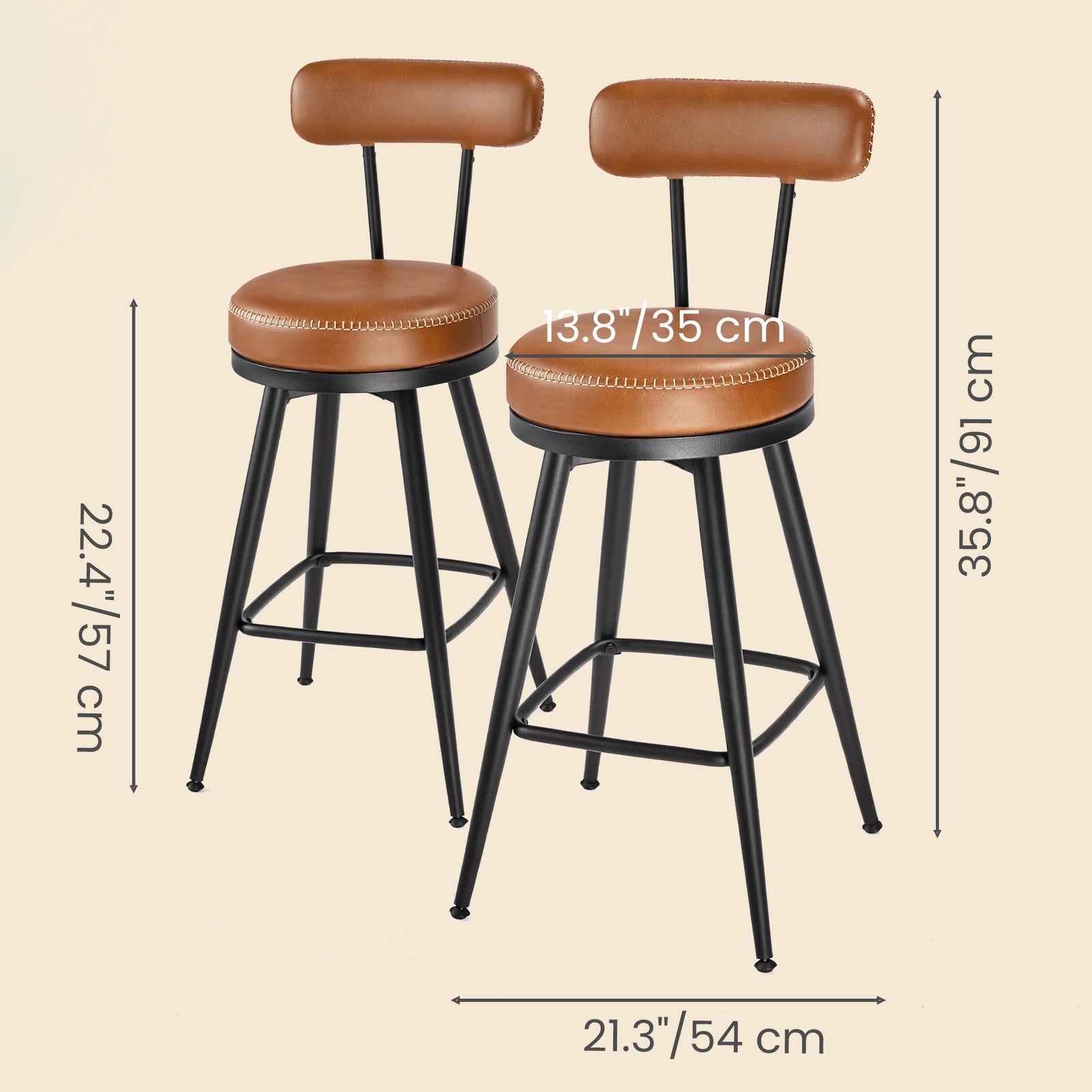 Set of 2 Counter Height Swivel Barstools – Synthetic Leather – Caramel Brown – Mid-Century Modern Design