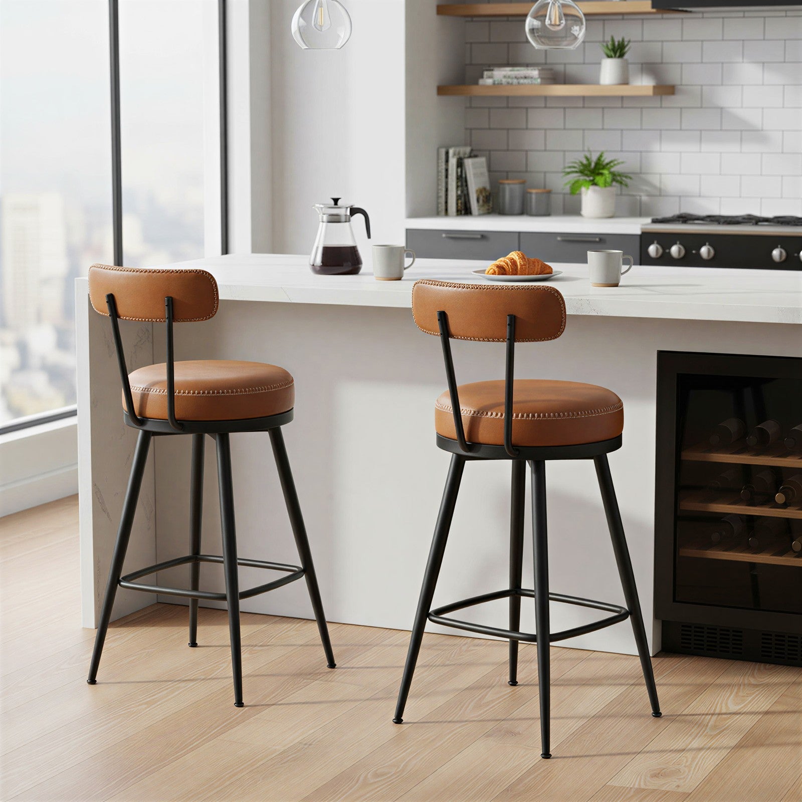Set of 2 Counter Height Swivel Barstools – Synthetic Leather – Caramel Brown – Mid-Century Modern Design