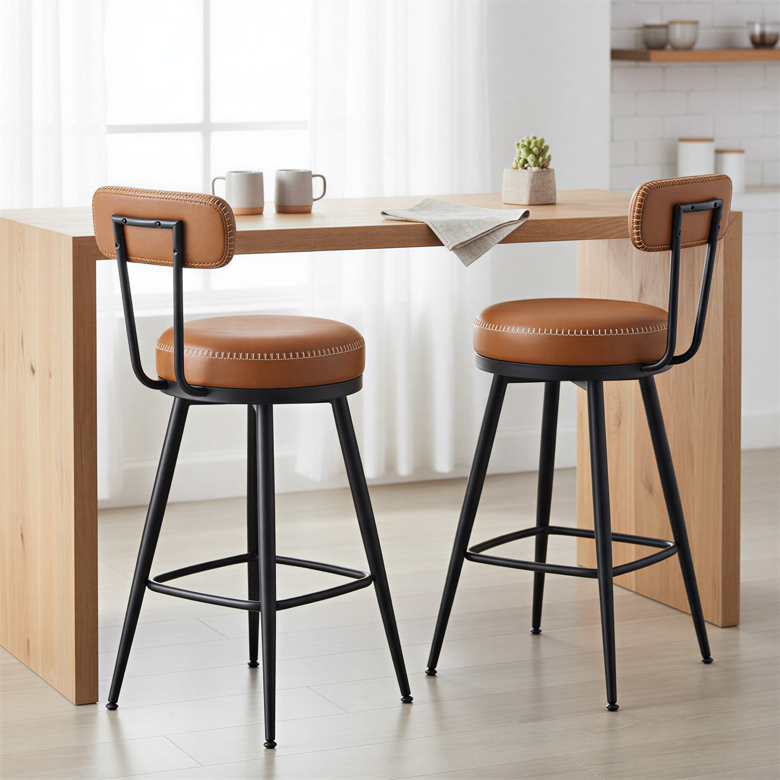 Set of 2 Counter Height Swivel Barstools – Synthetic Leather – Caramel Brown – Mid-Century Modern Design