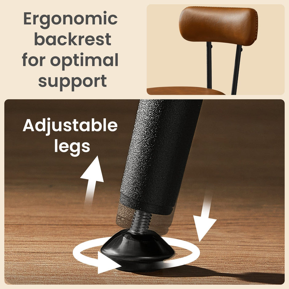 Set of 2 Counter Height Swivel Barstools – Synthetic Leather – Caramel Brown – Mid-Century Modern Design