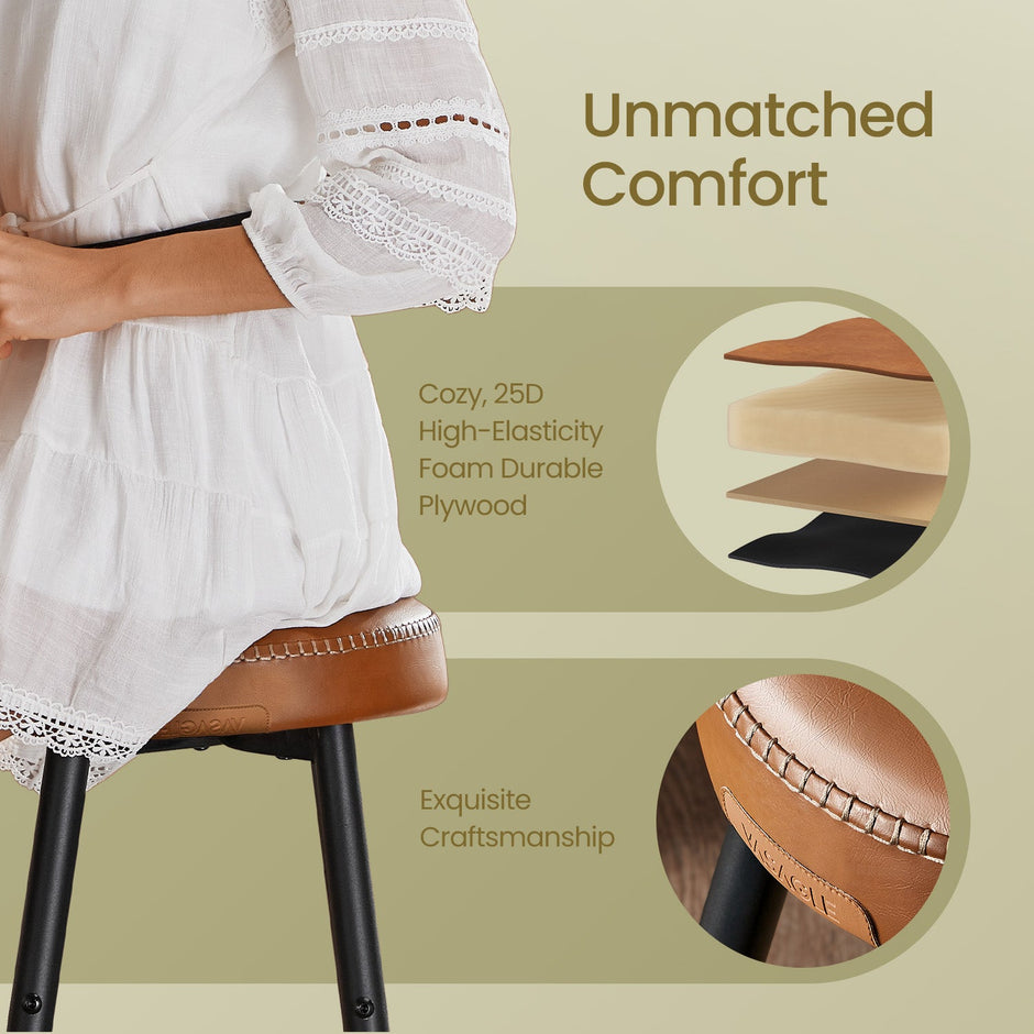 Set of 2 Bar Stools – Synthetic Leather – Brown – Mid-Century Modern Design, 63 cm Tall, Easy Assembly