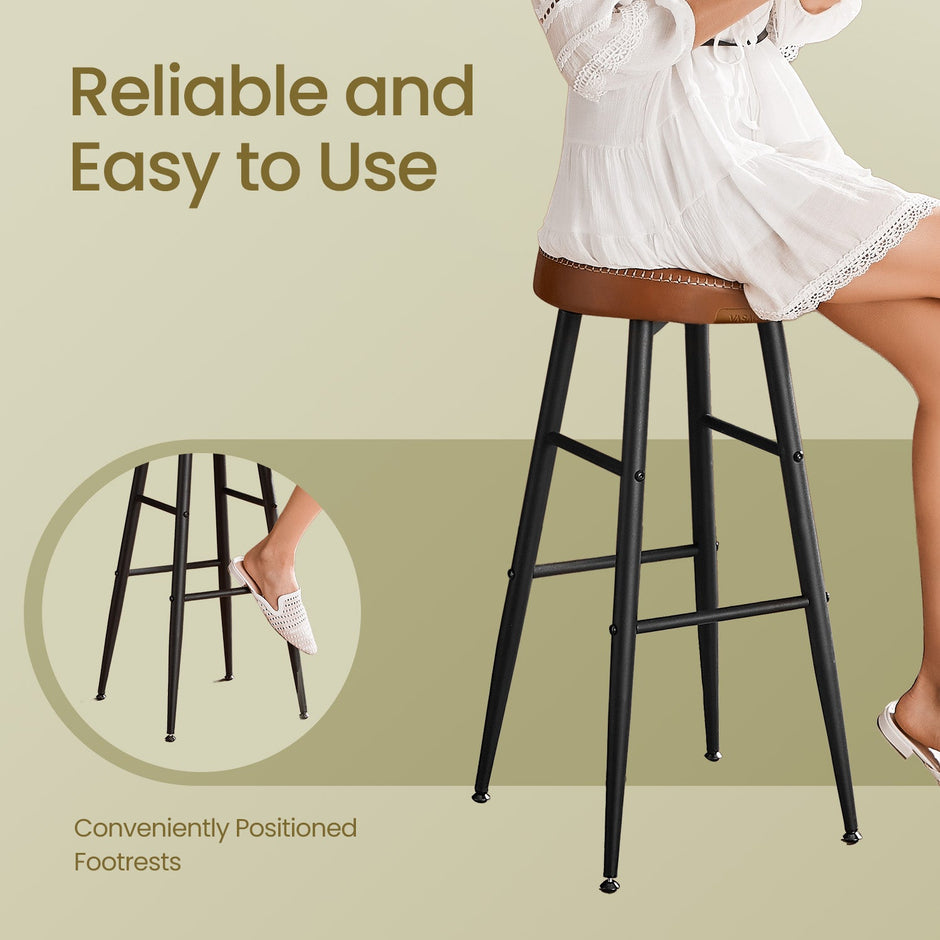 Set of 2 Bar Stools – Synthetic Leather – Brown – Mid-Century Modern Design, 63 cm Tall, Easy Assembly