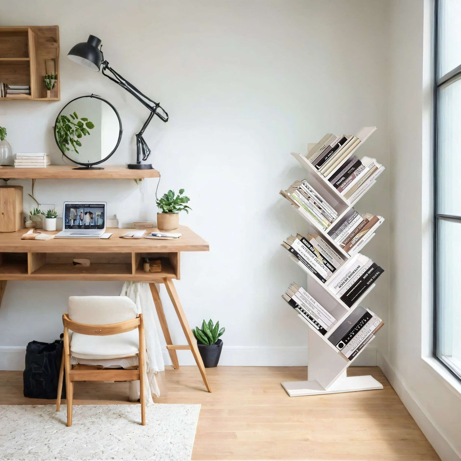 Bookshelf – Wood – Rustic Brown – 9-Tier Corner Design for Books, CDs, and Games
