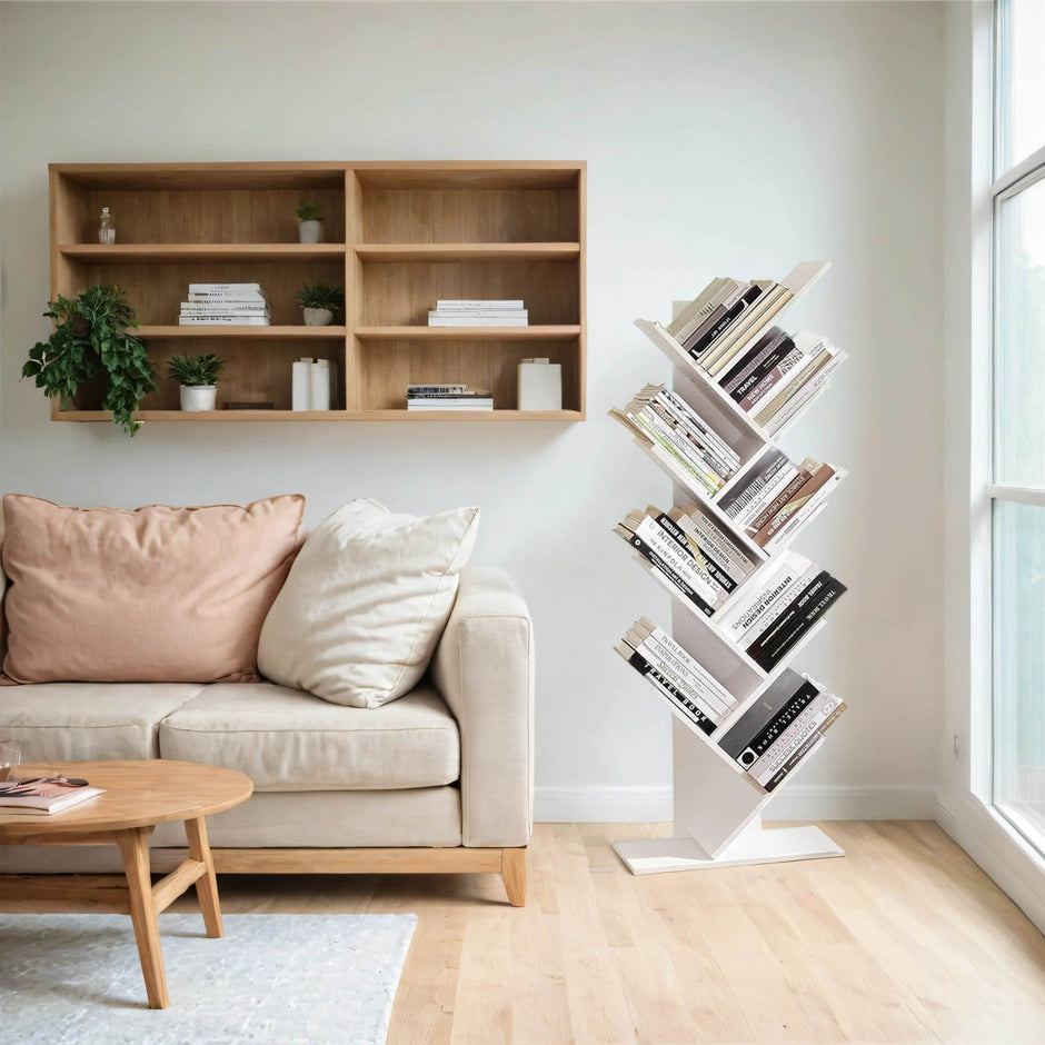 Bookshelf – Wood – Rustic Brown – 9-Tier Corner Design for Books, CDs, and Games