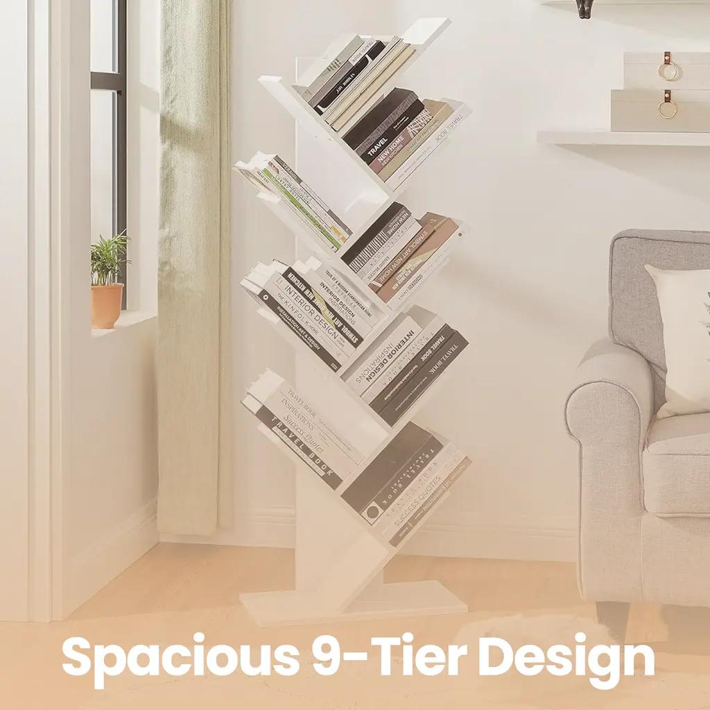 Bookshelf – Wood – Rustic Brown – 9-Tier Corner Design for Books, CDs, and Games
