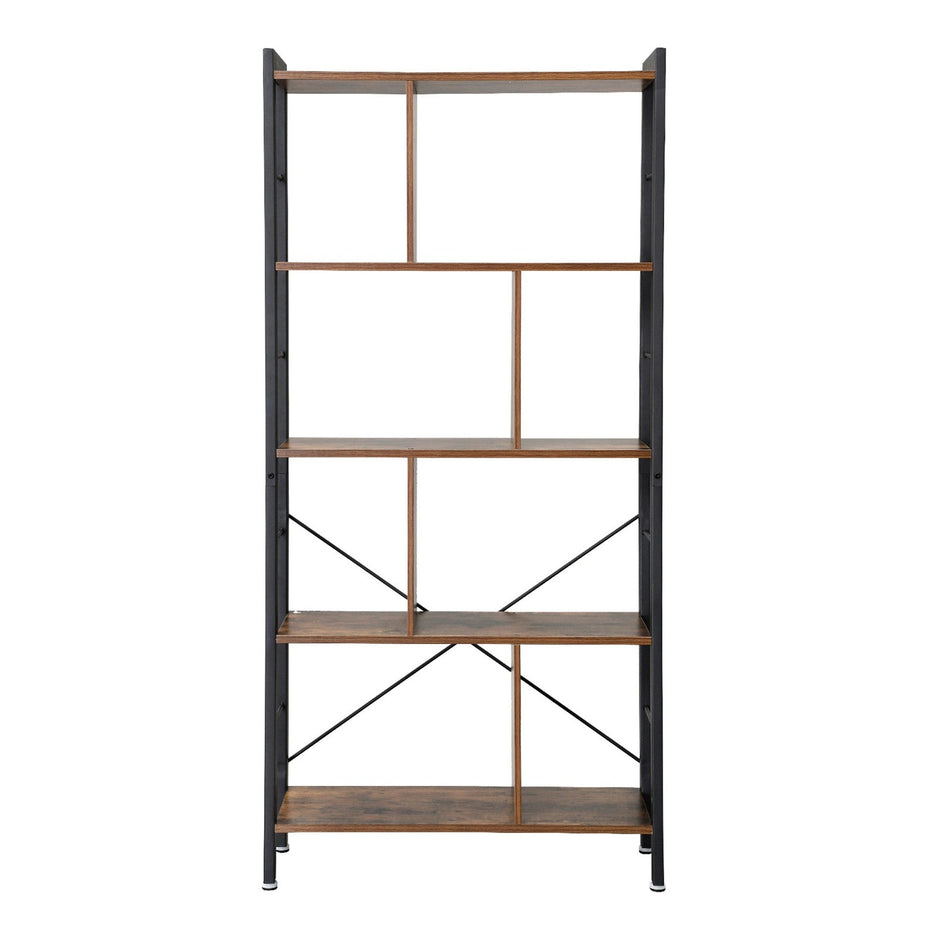 5-Tier Bookshelf – Engineered Wood and Iron – Rustic Brown – Floor Standing Design for Home Office