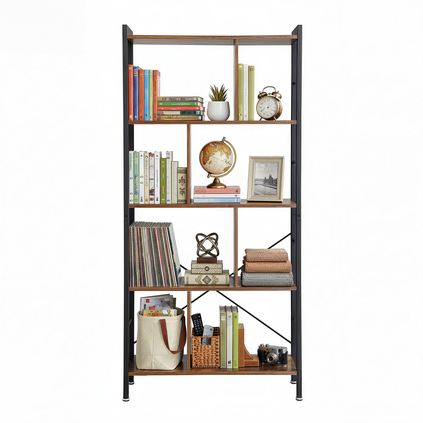5-Tier Bookshelf – Engineered Wood and Iron – Rustic Brown – Floor Standing Design for Home Office