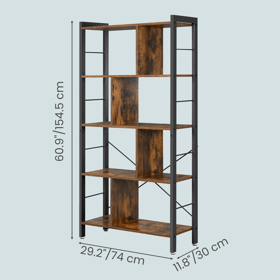 5-Tier Bookshelf – Engineered Wood and Iron – Rustic Brown – Floor Standing Design for Home Office