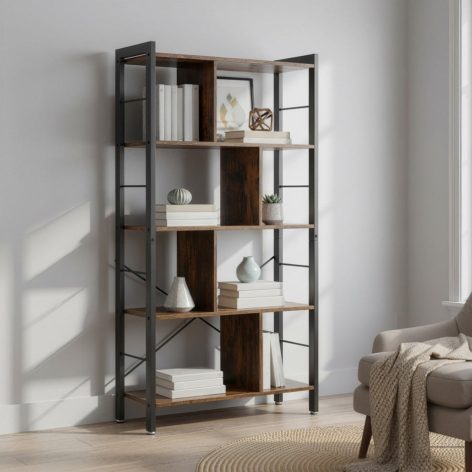 5-Tier Bookshelf – Engineered Wood and Iron – Rustic Brown – Floor Standing Design for Home Office