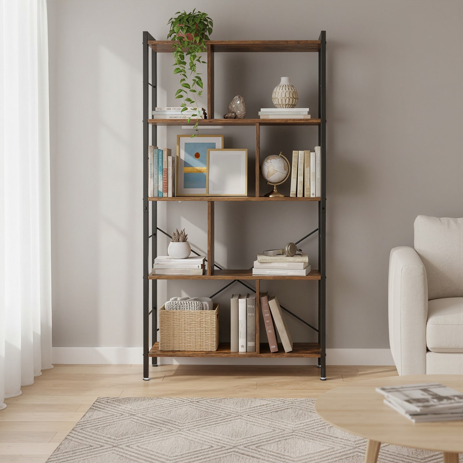 5-Tier Bookshelf – Engineered Wood and Iron – Rustic Brown – Floor Standing Design for Home Office