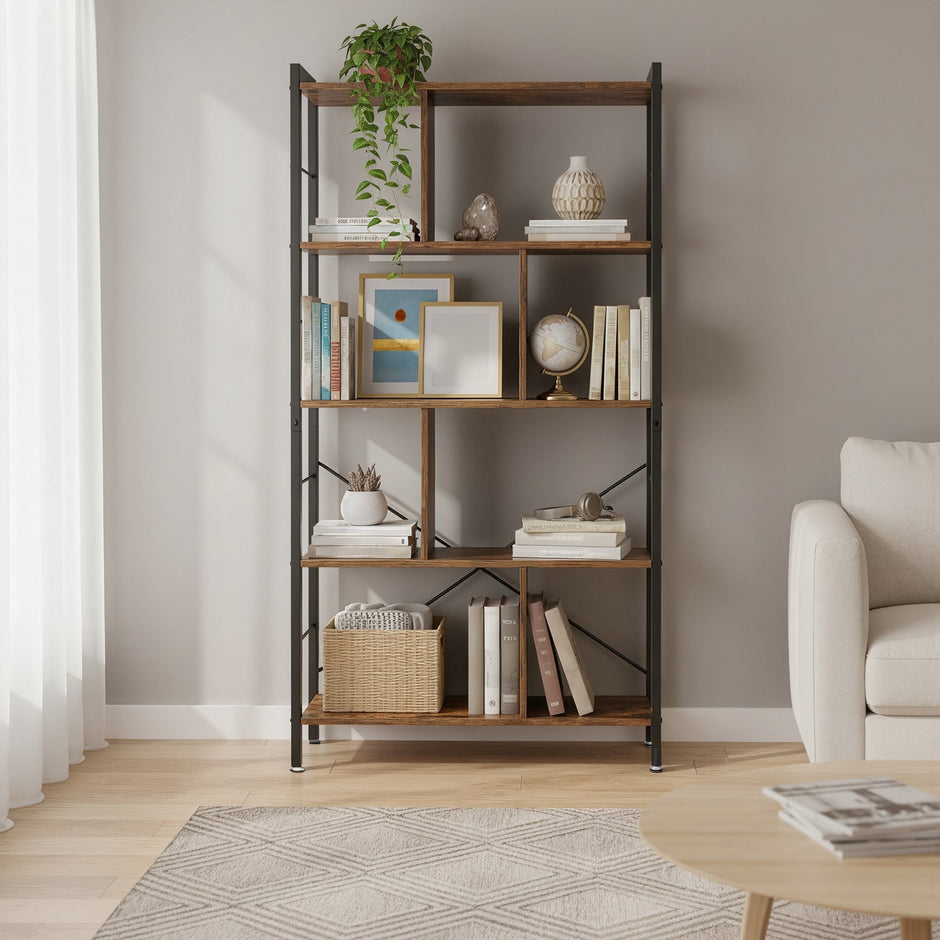5-Tier Bookshelf – Engineered Wood and Iron – Rustic Brown – Floor Standing Design for Home Office
