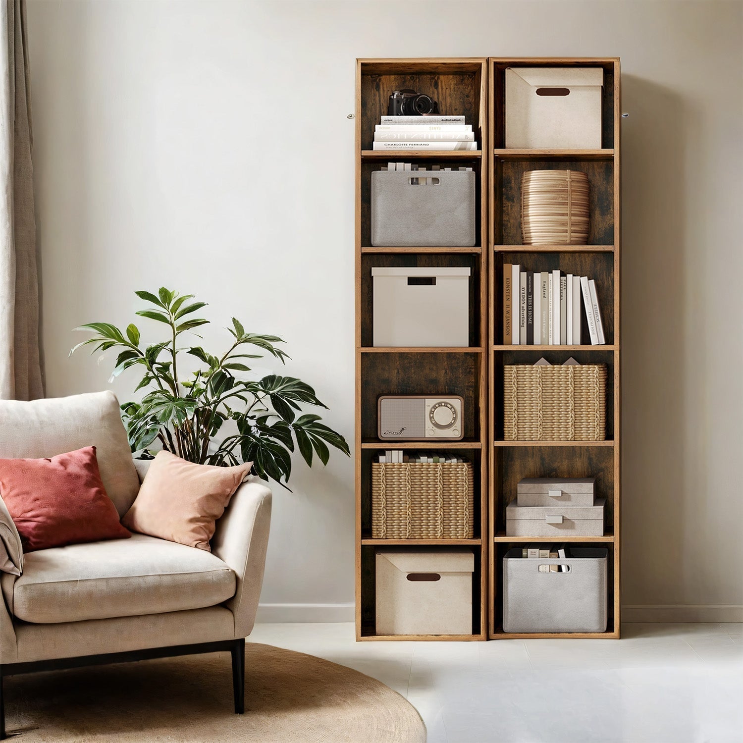 Bookshelf – Wood – Natural Finish – 6 Adjustable Shelves for Home Office and Children's Storage