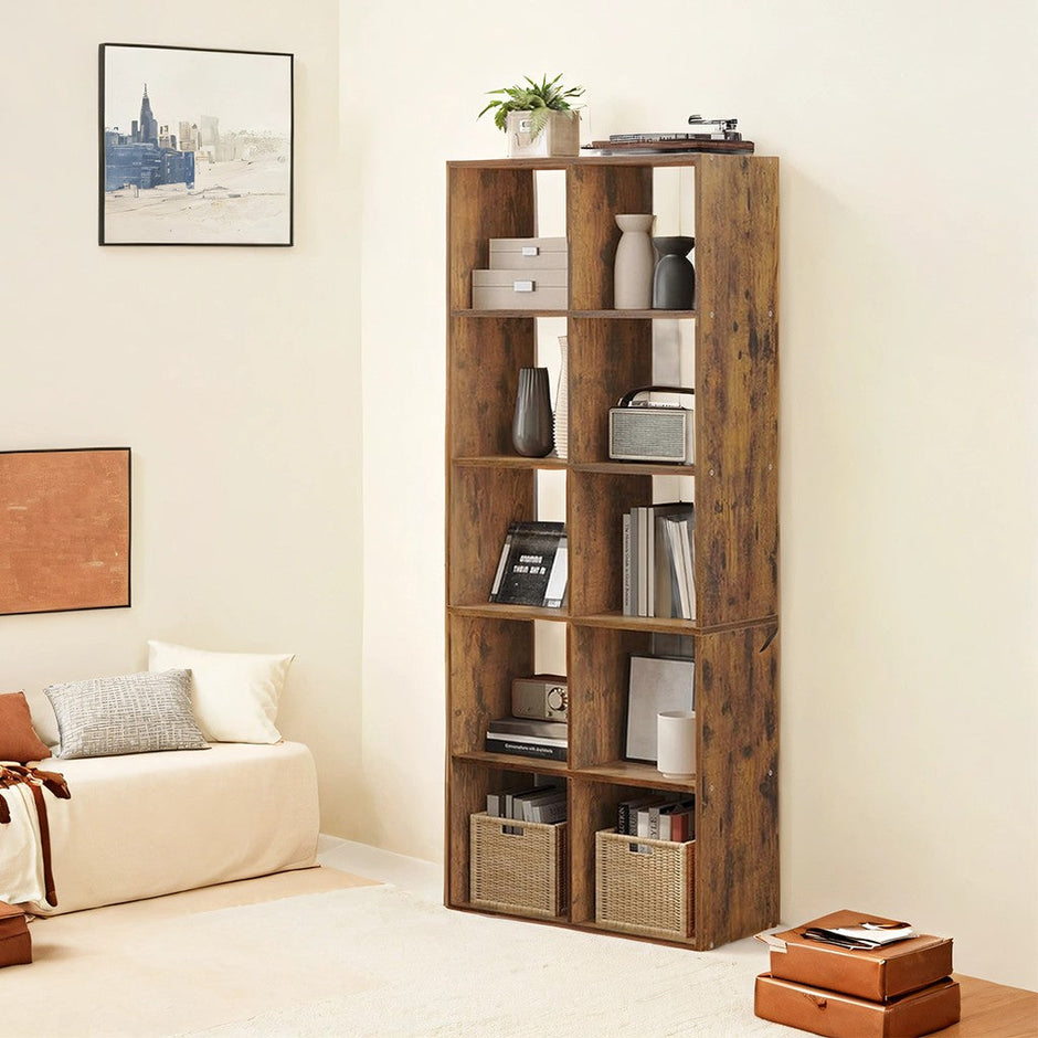 10-Cube Shelving Unit – Engineered Wood – Rustic Brown – Multifunctional Room Divider