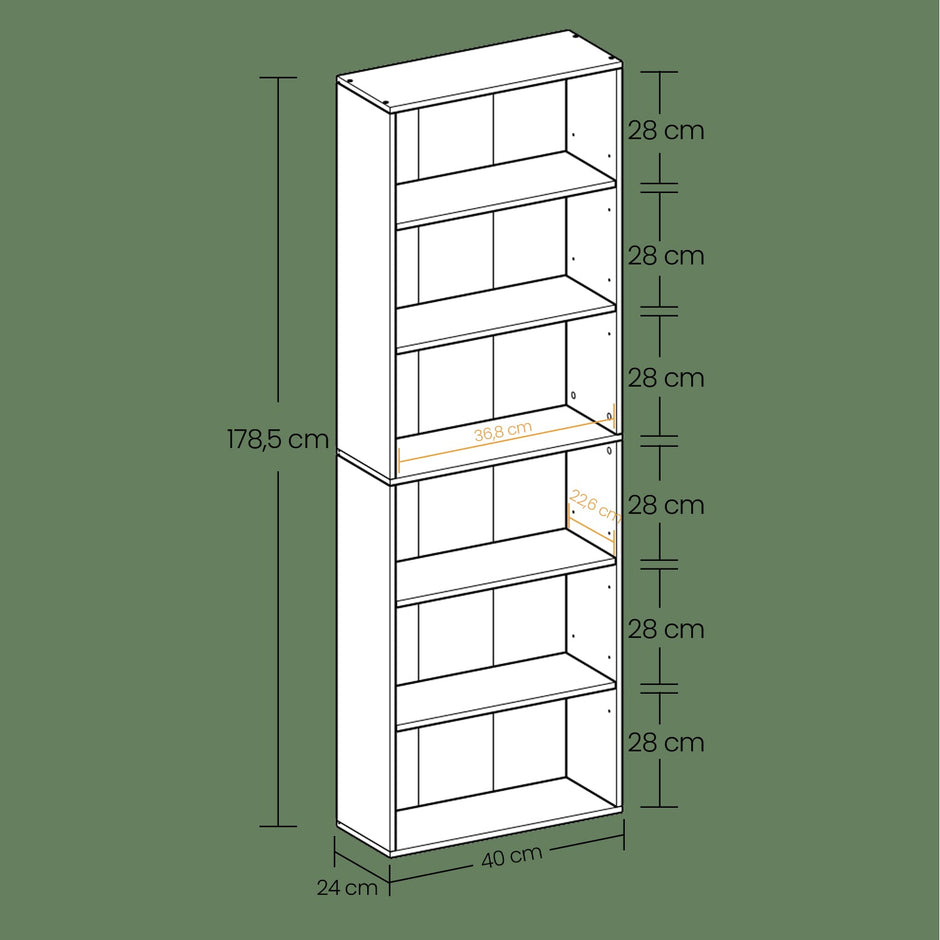 Bookshelf – Wood – Natural Finish – 6 Adjustable Shelves for Home Office and Children's Storage