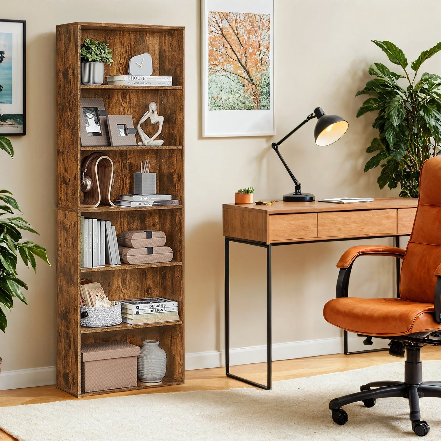 Bookshelf – Wood – Natural Finish – 6 Adjustable Shelves for Home Office and Children's Storage