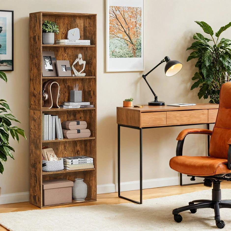 Bookshelf – Wood – Natural Finish – 6 Adjustable Shelves for Home Office and Children's Storage