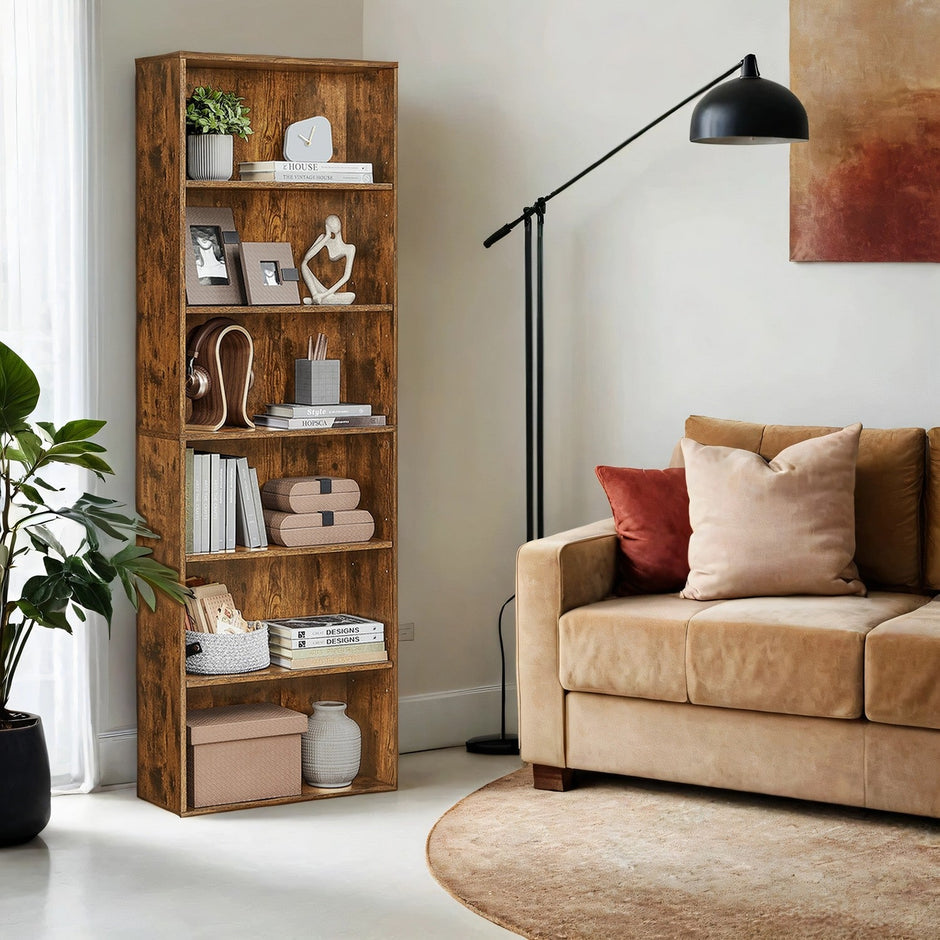 Bookshelf – Wood – Natural Finish – 6 Adjustable Shelves for Home Office and Children's Storage