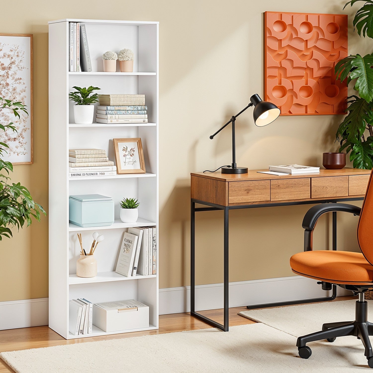 Bookshelf – Wood – Natural Finish – 6 Adjustable Shelves for Home Office and Children's Storage