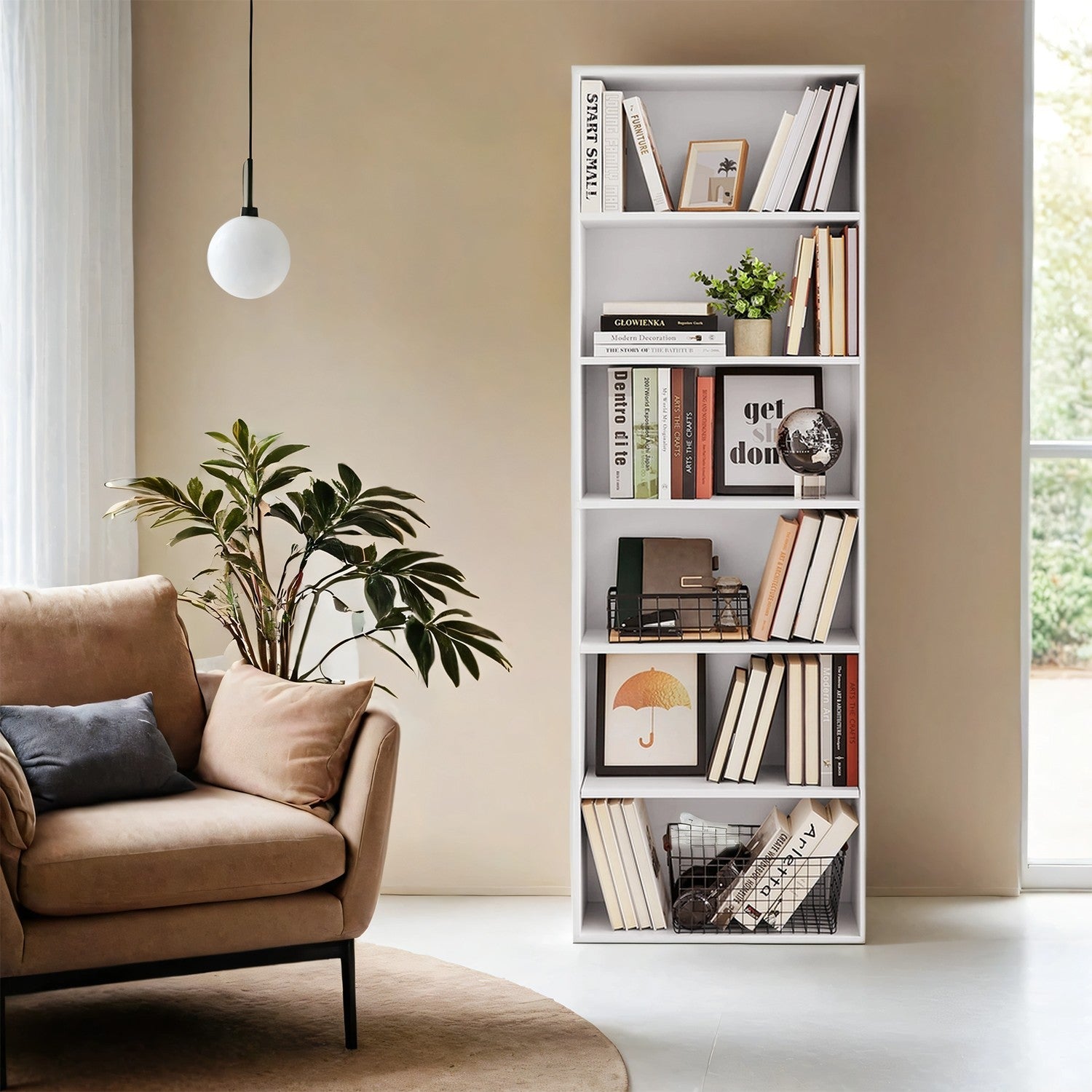 Bookshelf – Wood – Natural Finish – 6 Adjustable Shelves for Home Office and Children's Storage