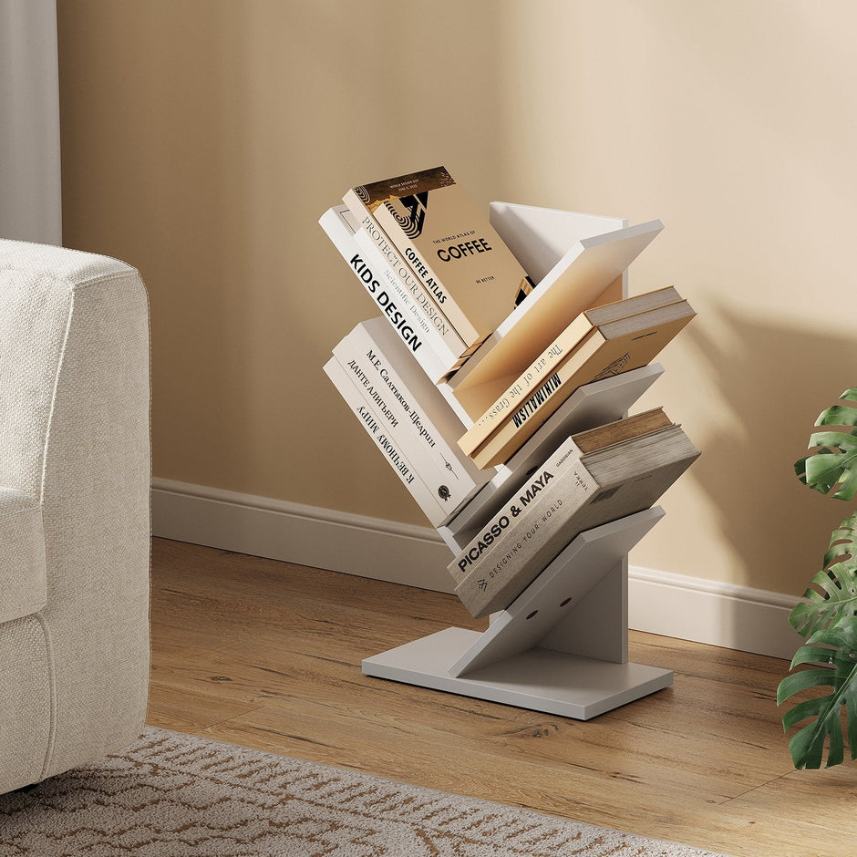 5-Tier Bookshelf – Wood – Cloud White – Space-Saving Corner Design