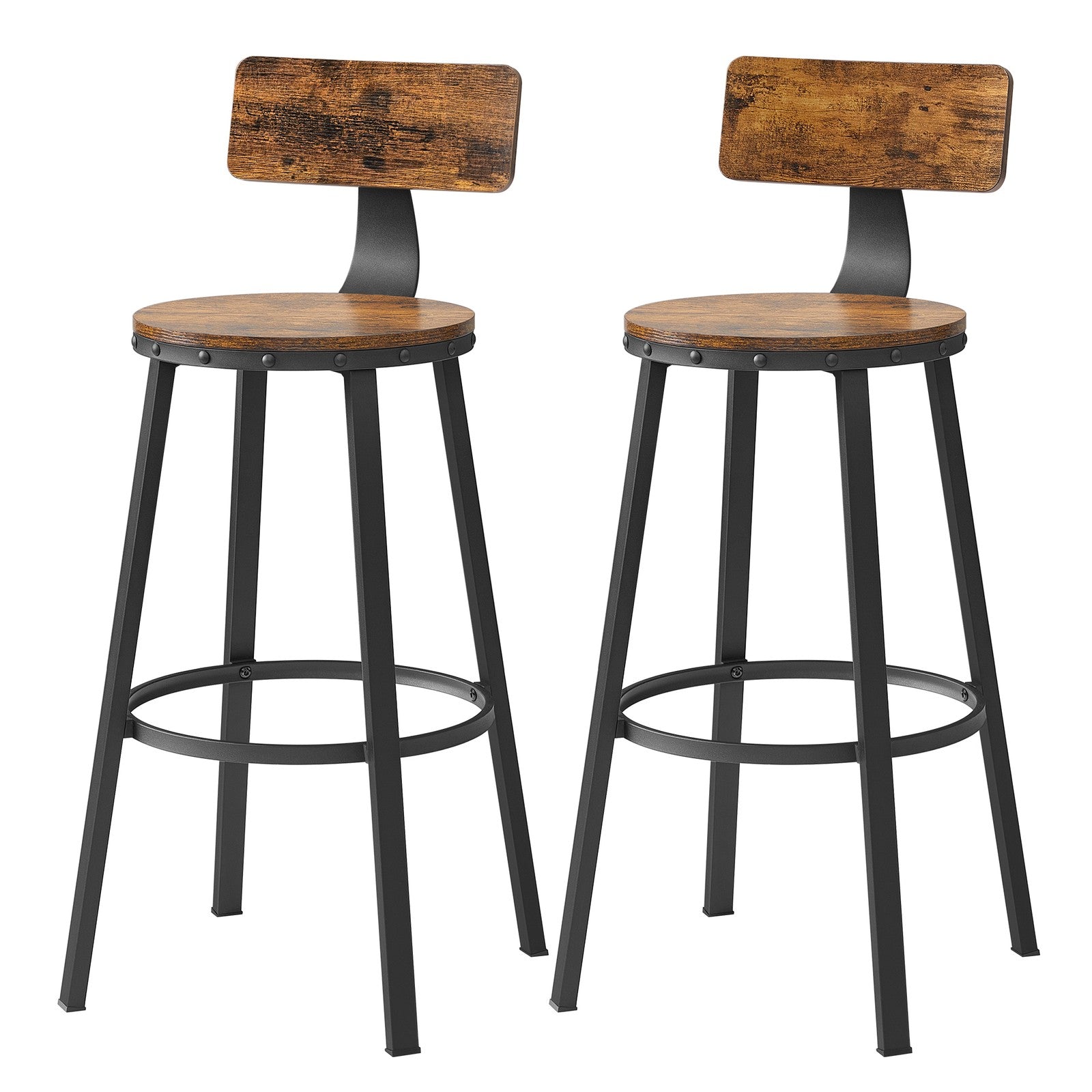 Set of 4 Bar Stools – Heavy-Duty Steel Frame – Rustic Brown and Black – With Backrest, 73.5 cm Height