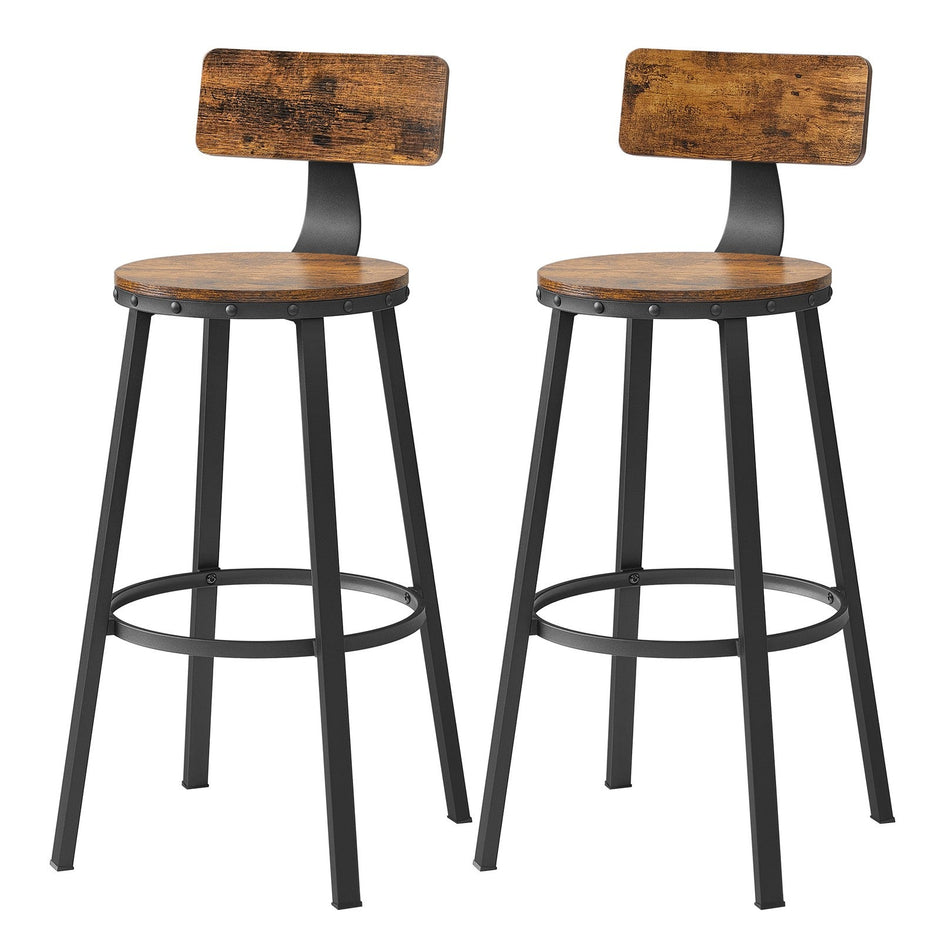 Set of 4 Bar Stools – Heavy-Duty Steel Frame – Rustic Brown and Black – With Backrest, 73.5 cm Height