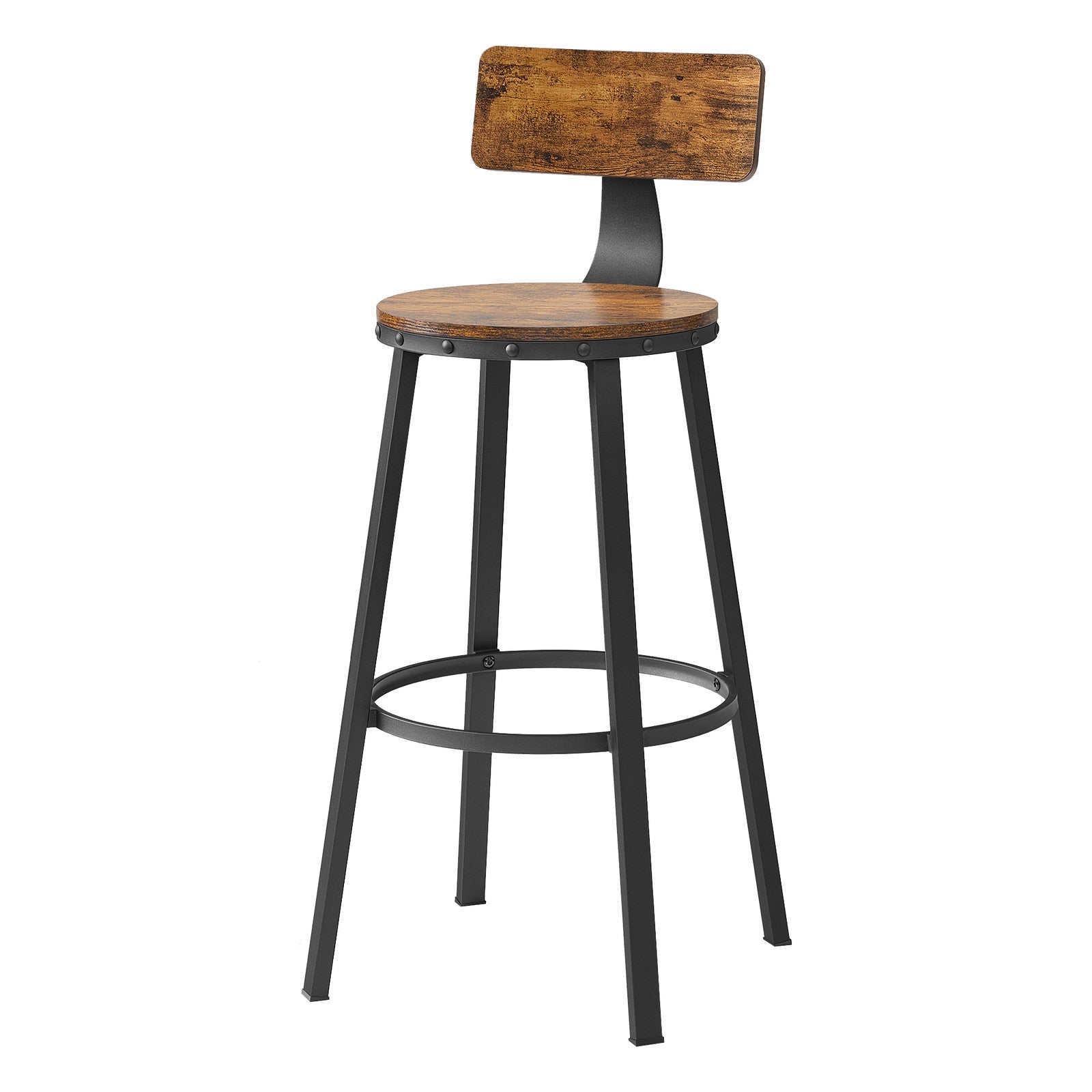 Set of 4 Bar Stools – Heavy-Duty Steel Frame – Rustic Brown and Black – With Backrest, 73.5 cm Height
