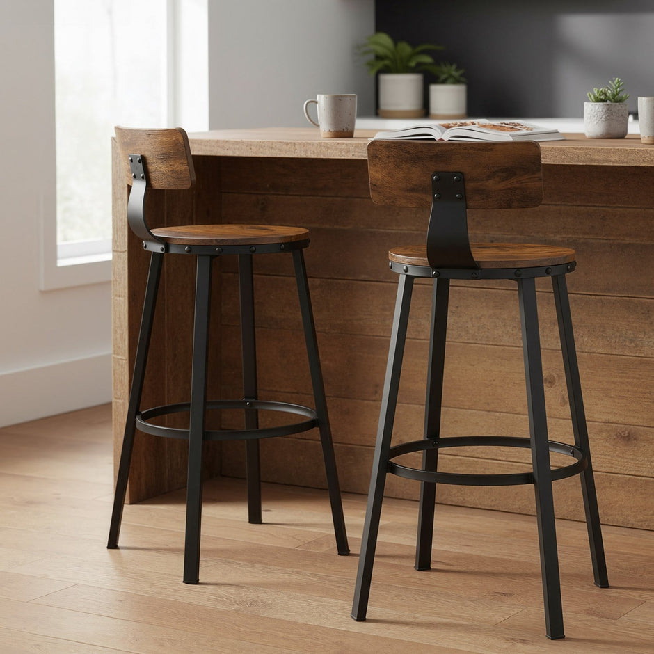 Set of 4 Bar Stools – Heavy-Duty Steel Frame – Rustic Brown and Black – With Backrest, 73.5 cm Height