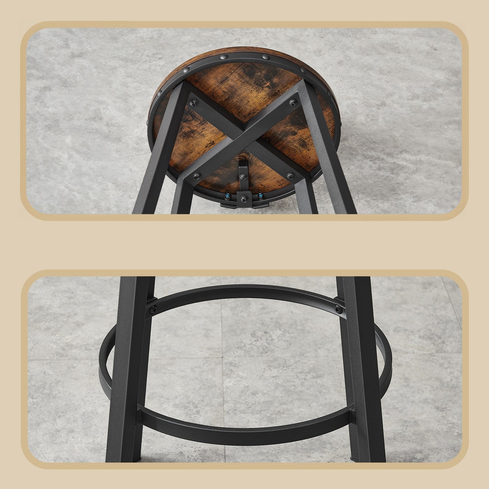 Set of 4 Bar Stools – Heavy-Duty Steel Frame – Rustic Brown and Black – With Backrest, 73.5 cm Height