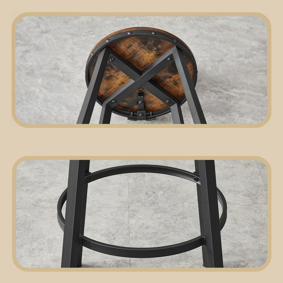Set of 4 Bar Stools – Heavy-Duty Steel Frame – Rustic Brown and Black – With Backrest, 73.5 cm Height