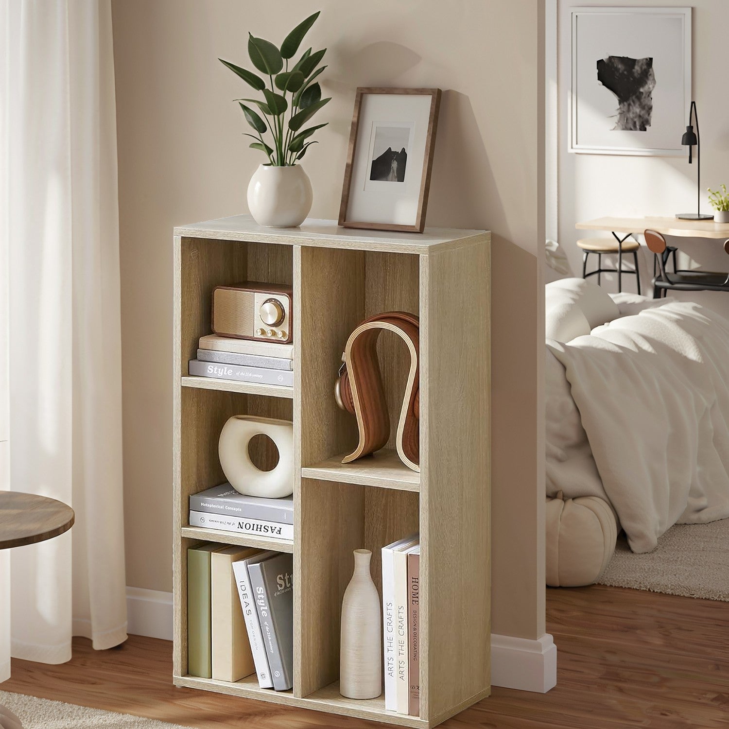 Kids Bookcase – Wood – Oak – 5-Cube Design with Floor Standing Storage