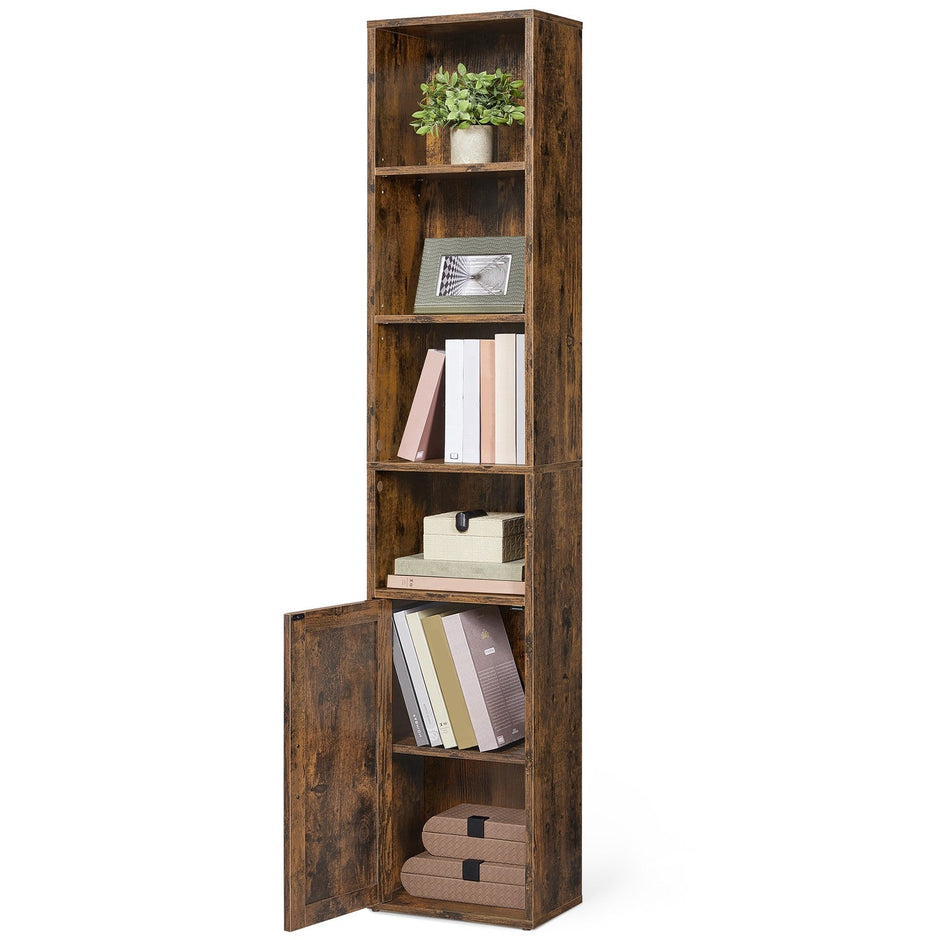 Tall Bookcase – Engineered Wood – Rustic Brown – 6-Tier with Door
