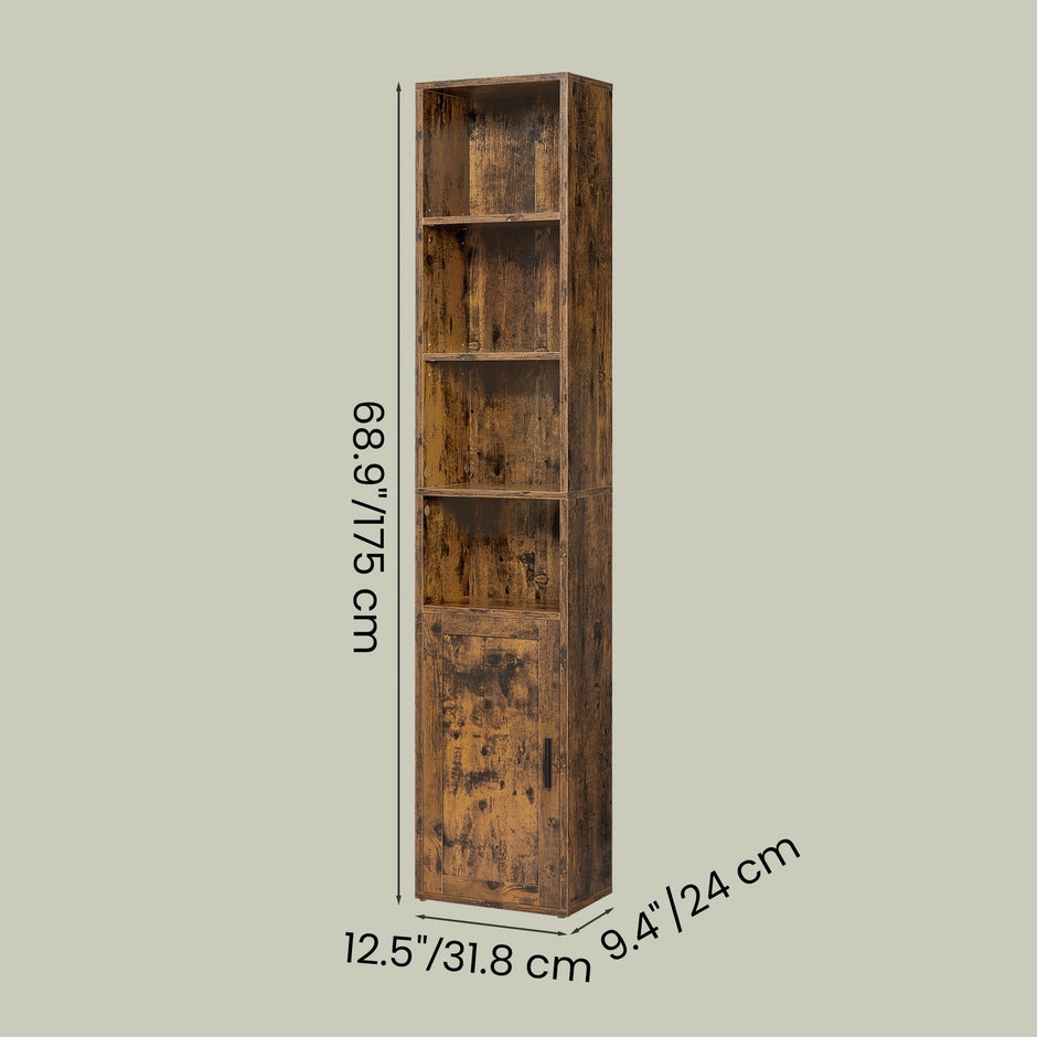 Tall Bookcase – Engineered Wood – Rustic Brown – 6-Tier with Door