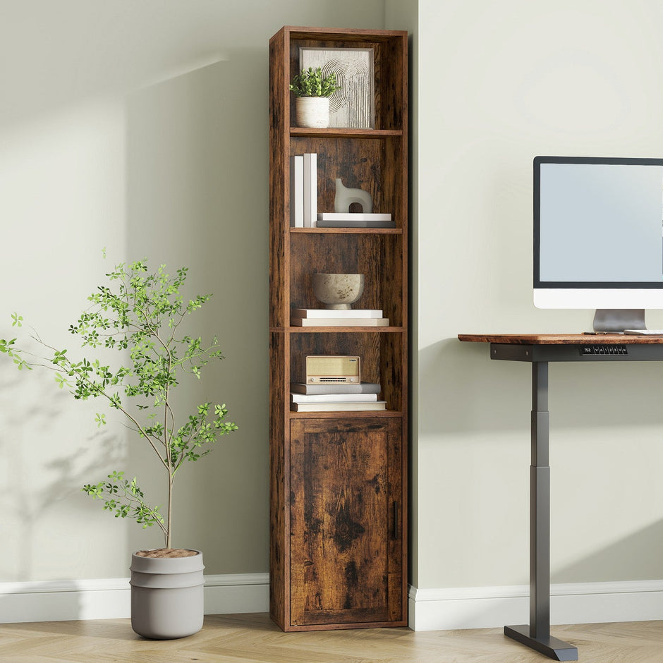Tall Bookcase – Engineered Wood – Rustic Brown – 6-Tier with Door