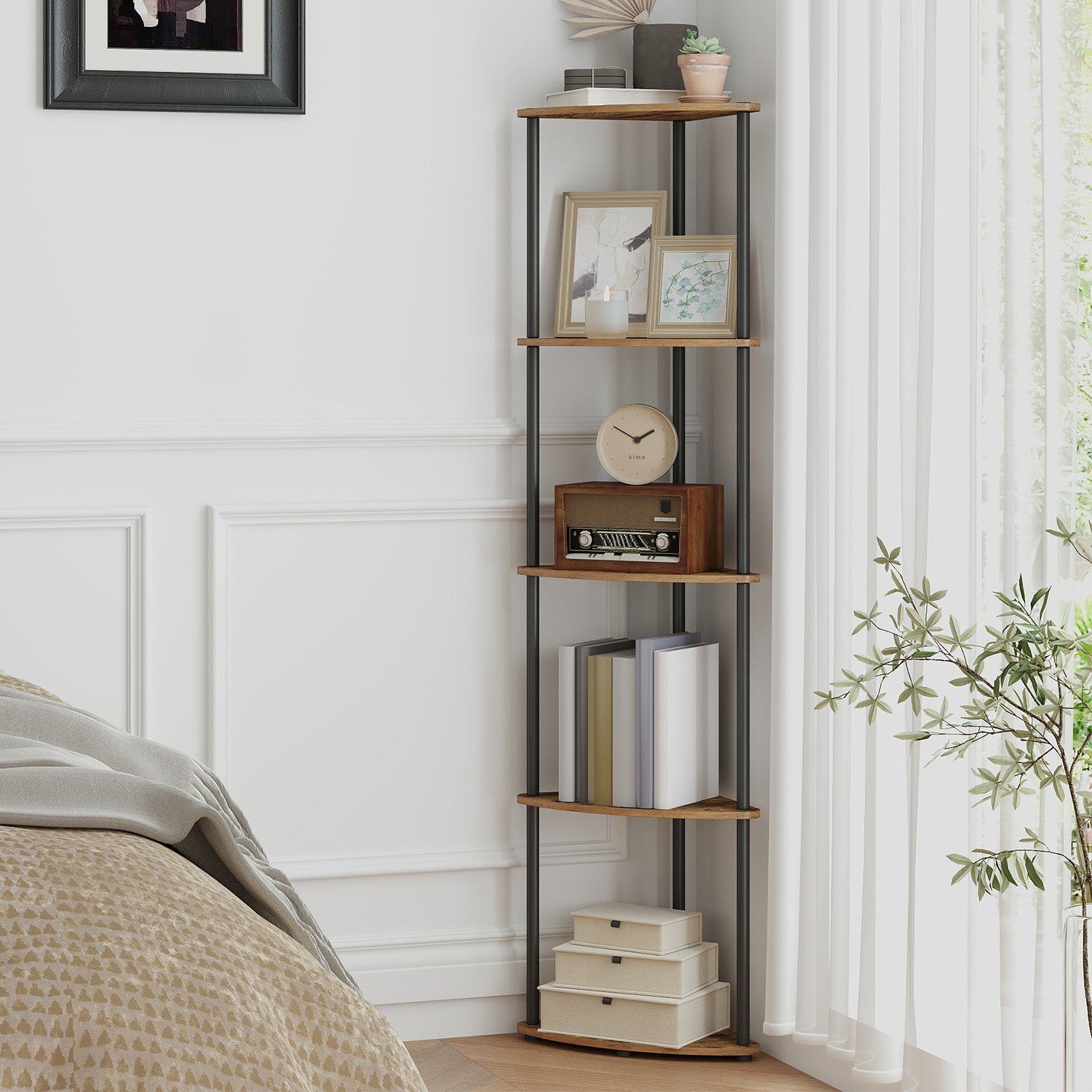 5-Tier Corner Shelf – Wood – Rustic Brown – Quick Toolless Assembly