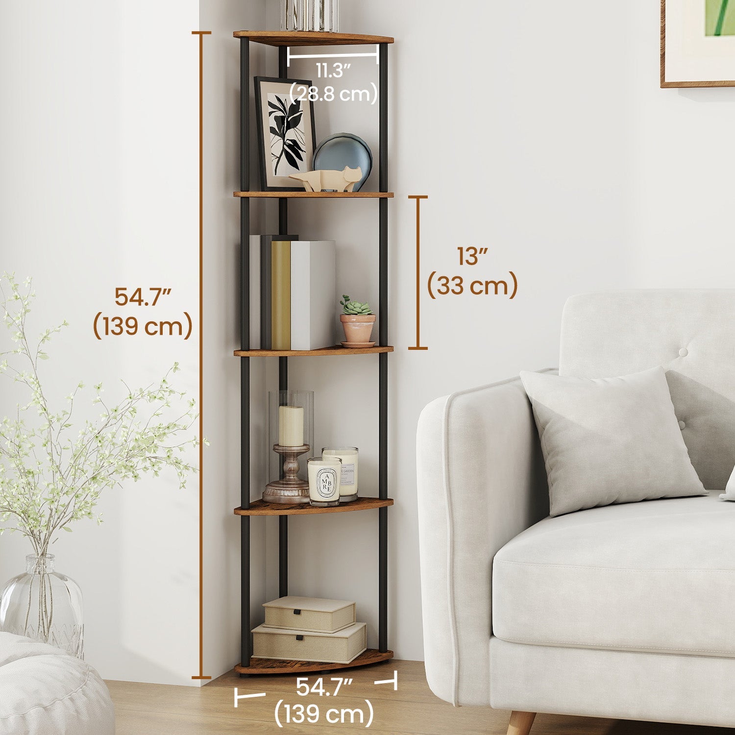 5-Tier Corner Shelf – Wood – Rustic Brown – Quick Toolless Assembly