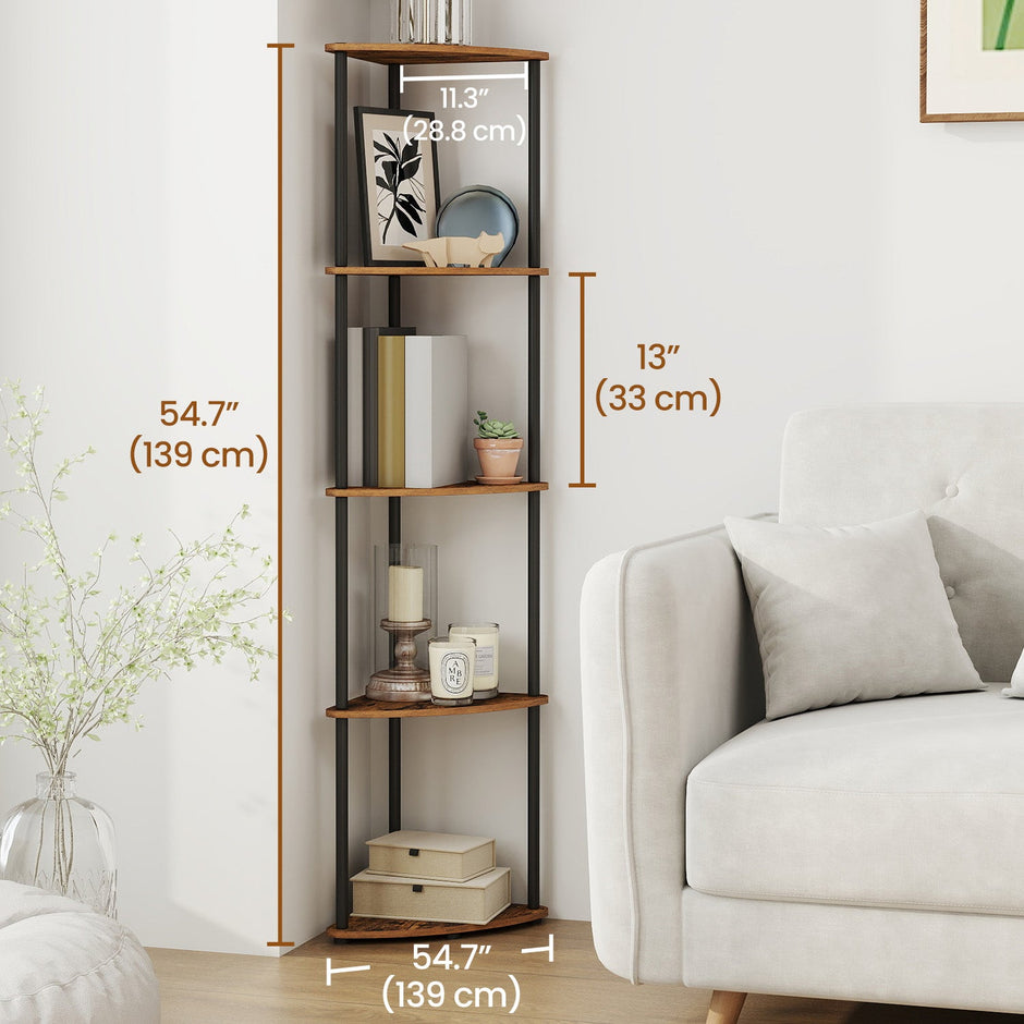 5-Tier Corner Shelf – Wood – Rustic Brown – Quick Toolless Assembly