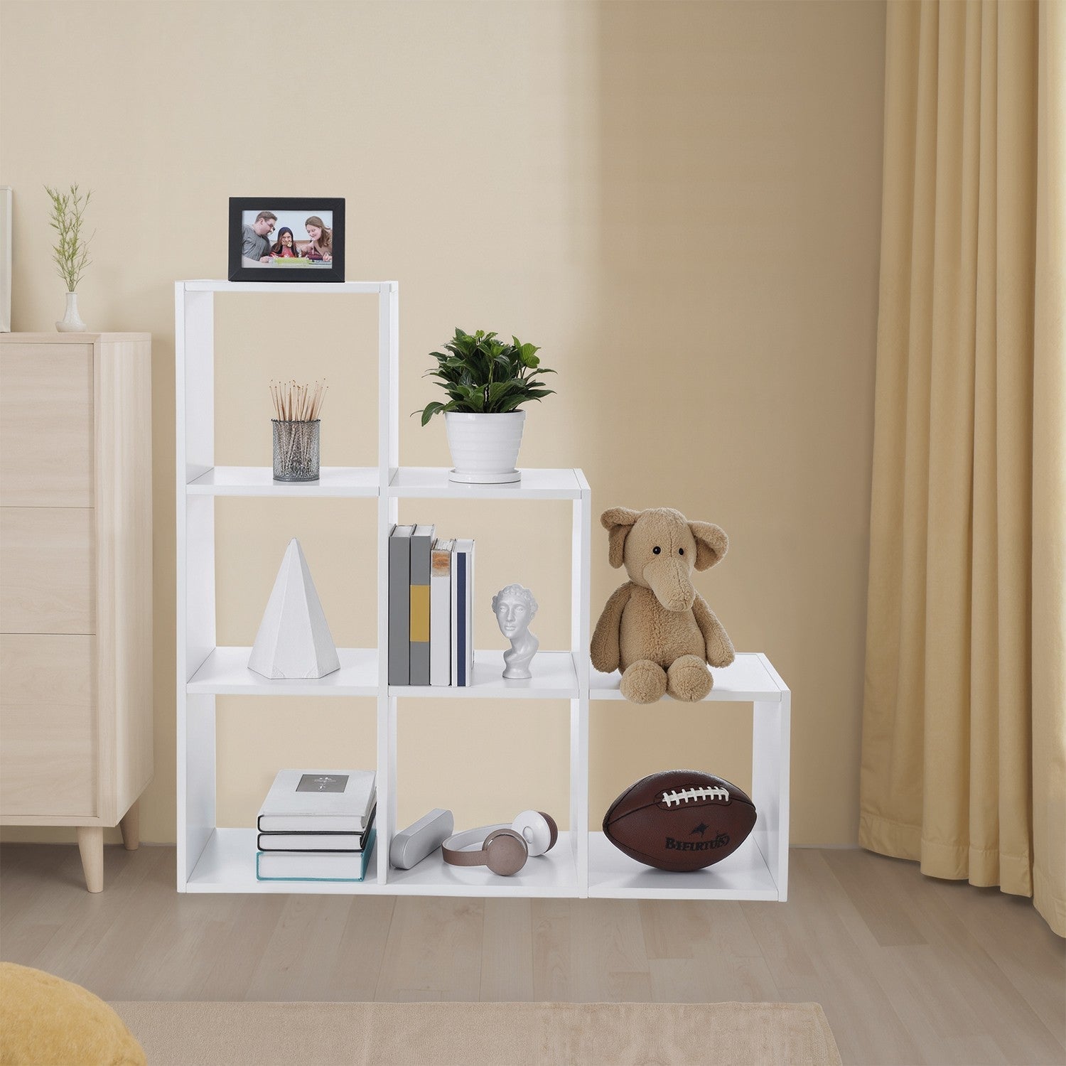 Bookcase – Wood – White – 6-Cube Staircase Storage Unit and Room Divider
