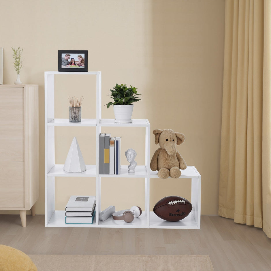 Bookcase – Wood – White – 6-Cube Staircase Storage Unit and Room Divider