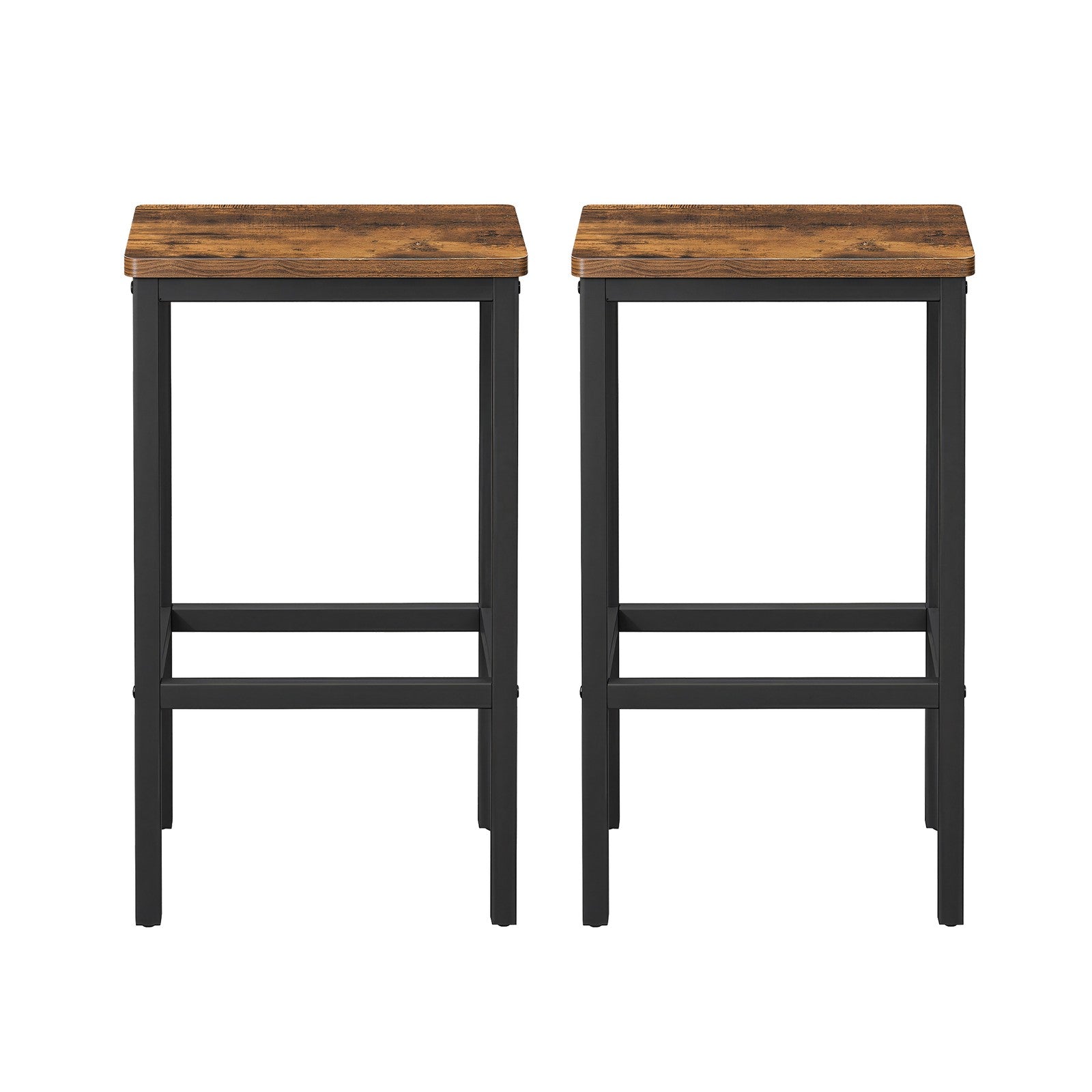 Set of 2 Bar Stools – Wood and Metal – Rustic Brown – Footrest Included