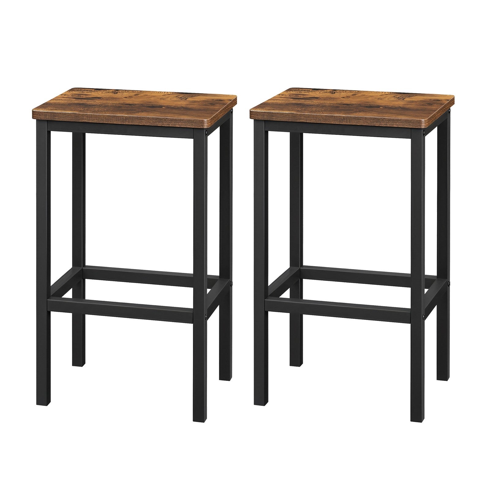 Set of 2 Bar Stools – Wood and Metal – Rustic Brown – Footrest Included