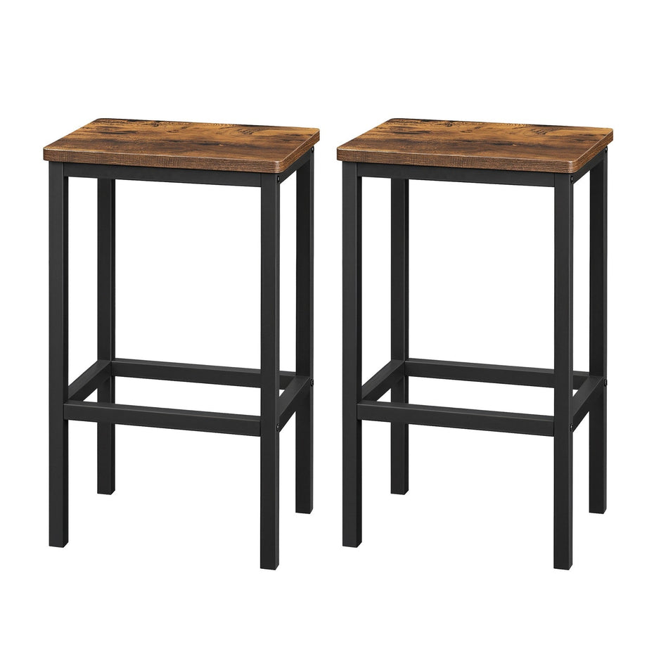 Set of 2 Bar Stools – Wood and Metal – Rustic Brown – Footrest Included