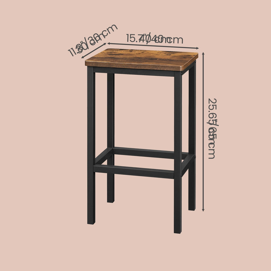Set of 2 Bar Stools – Wood and Metal – Rustic Brown – Footrest Included